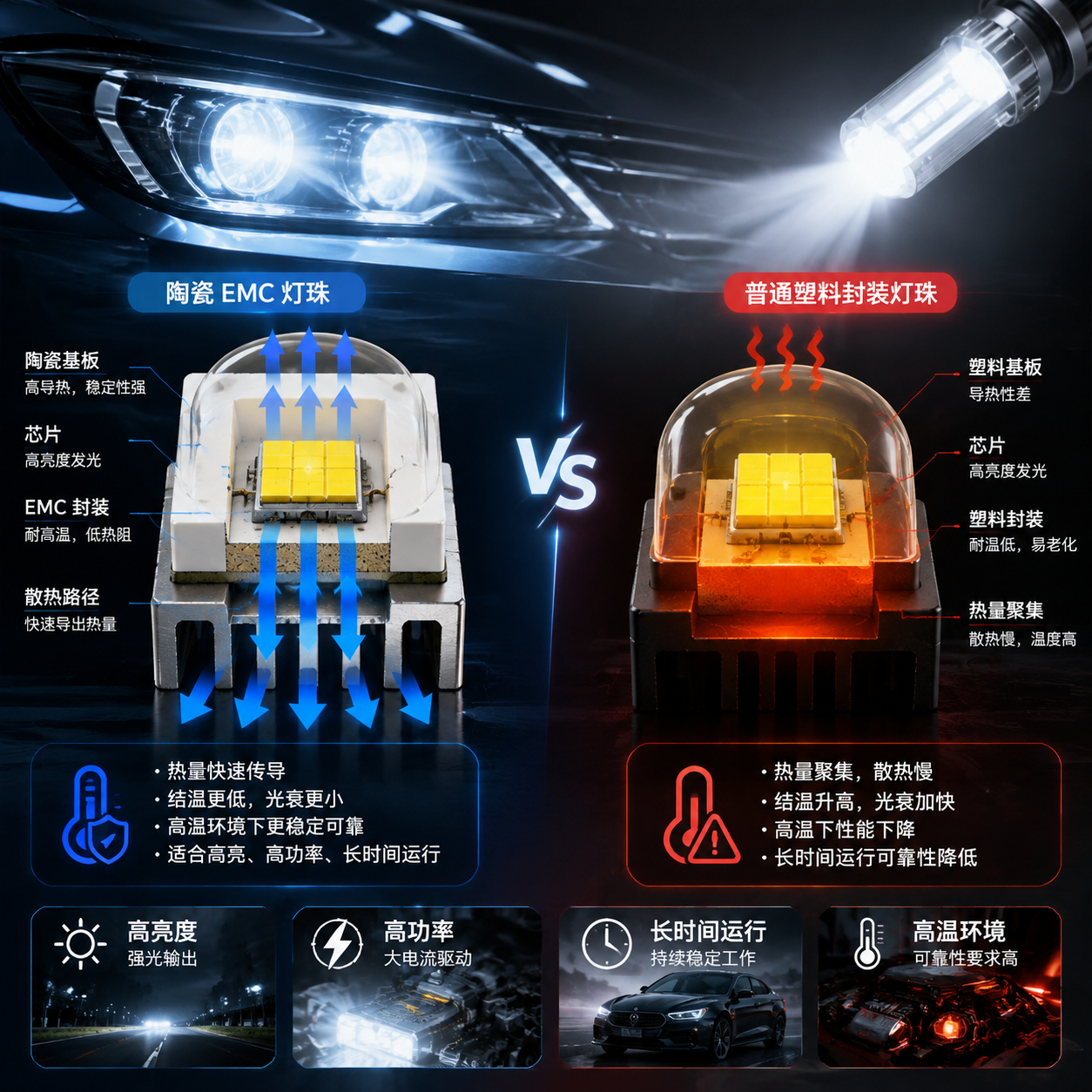 陶瓷 EMC 灯珠与普通塑料封装灯珠散热性能对比:左侧陶瓷封装灯珠剖面显示热量通过陶瓷基板快速传递,右侧塑料封装灯珠显示热量聚集,工业3D示意风格,横版封面