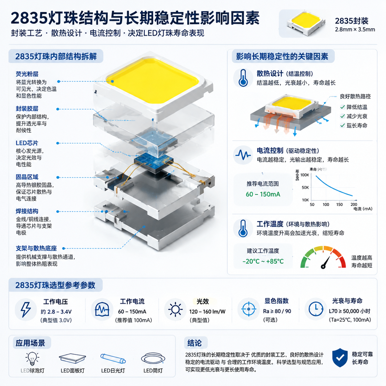 横版技术原理信息图,围绕2835灯珠长期稳定性的影响因素展开,采用拆解式结构展示LED灯珠内部组成,包括芯片、荧光粉、固晶区域、焊接结构和封装胶层,并通过箭头连接到散热设计、电流控制、工作温度等影响寿命的因素。画面加入参数化数据展示区域,呈现“工作电压约2.8–3.4V”“工作电流60–150mA”“光效120–160lm/W”“L70 50,000小时以上”等选型参考信息。整体风格为专业工程图与科技产品说明页结合,清晰直观表现封装工艺和散热对寿命的影响。English note: LED package structure diagram with technical parameters, engineering infographic style.
