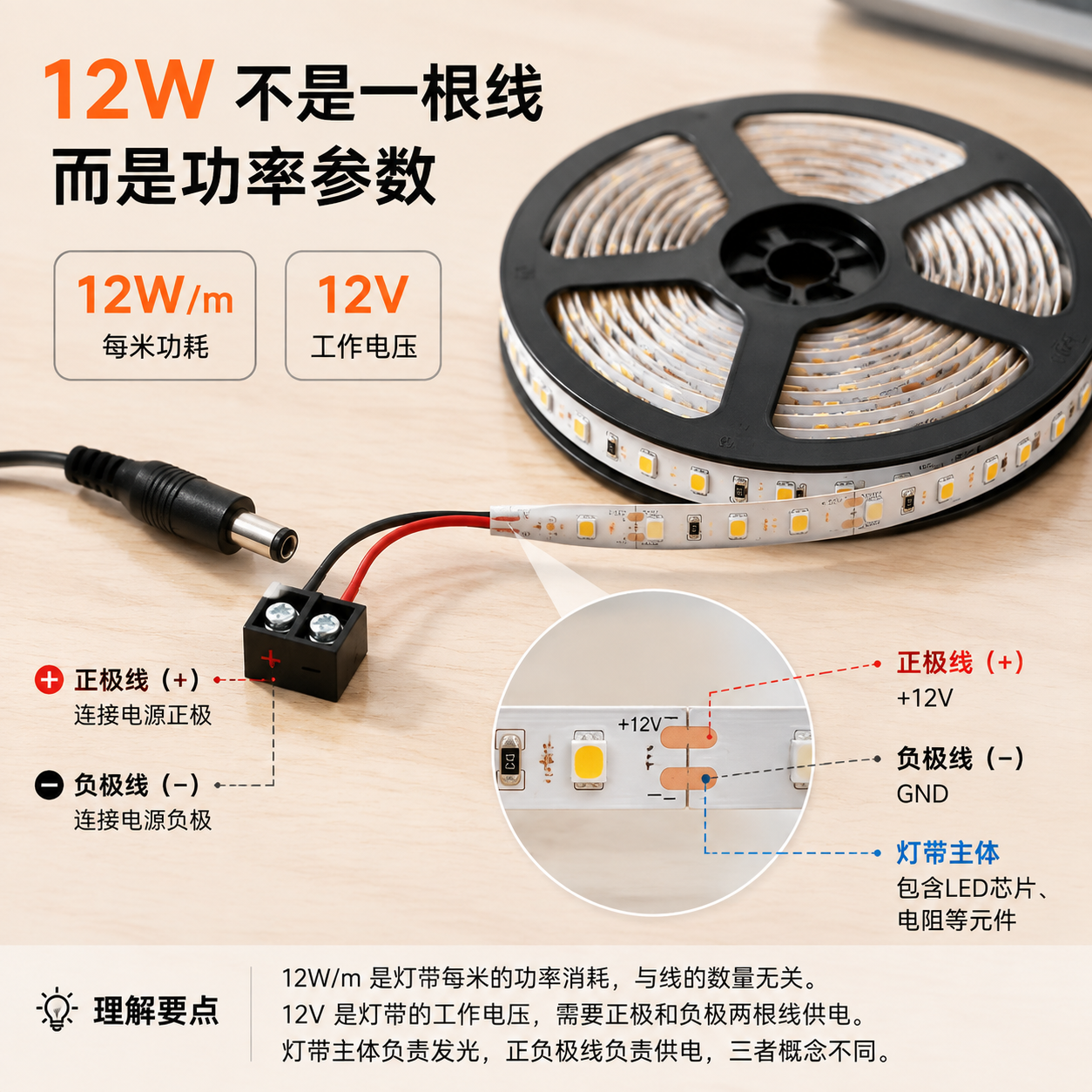 12W灯带功率参数与接线示意图,说明12W是功率而非线的数量。