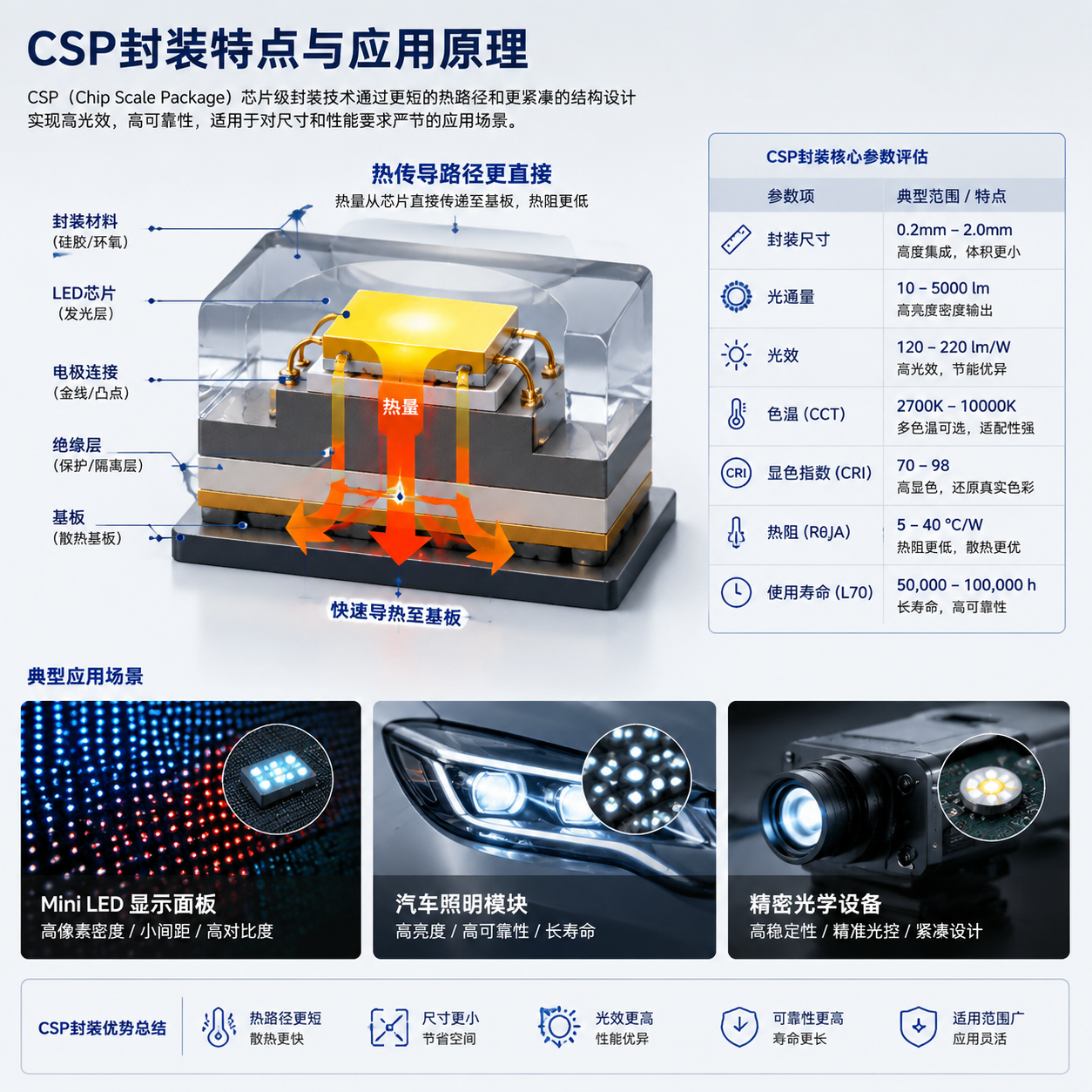 用于文章中段核心技术区域,展示CSP封装特点与实际应用原理。横版结构拆解示意图,中心放置一颗CSP LED灯珠剖面模型,分层展示LED芯片、封装材料、基板连接关系,使用箭头标注热量从芯片直接传递至基板的短路径,体现热传导路径更直接的特点。旁边加入参数可视化区域,展示尺寸小型化、光通量、光效、色温、CRI显色指数、热阻、使用寿命等替代评估指标的列表界面。背景结合Mini LED显示面板、汽车照明模块、精密光学设备的真实应用局部场景,突出小尺寸、高亮度密度和可靠性要求。整体风格为工业技术白皮书插图,清晰、专业、横版构图。