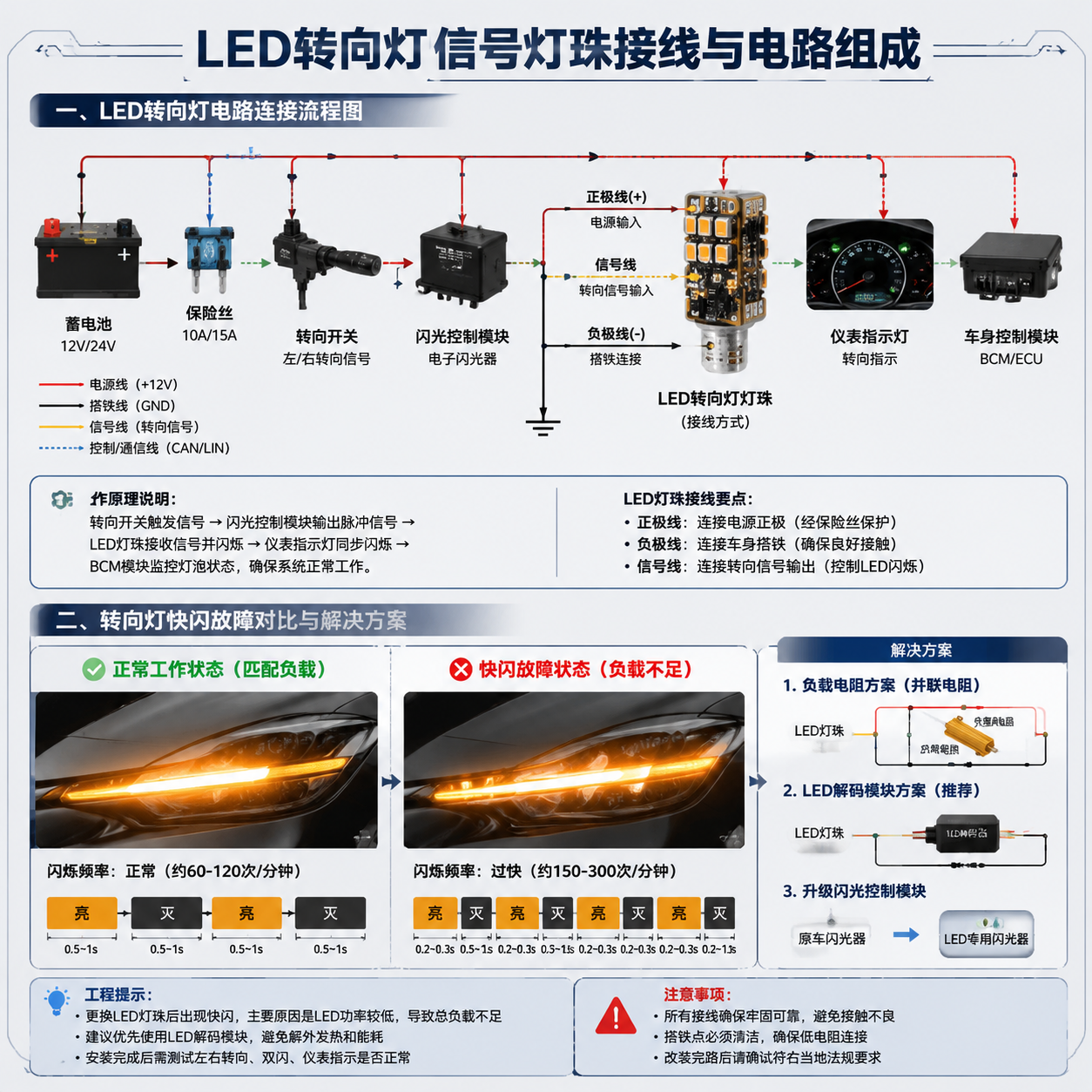 横版技术原理示意图:汽车LED转向灯电路连接流程,从左到右展示蓄电池、保险丝、转向开关、闪光控制模块、LED灯珠、仪表指示灯和车身控制模块之间的信号传递关系,重点突出正极线、负极线、信号控制线连接及快闪故障对比区域,标注负载电阻、LED解码模块解决方案