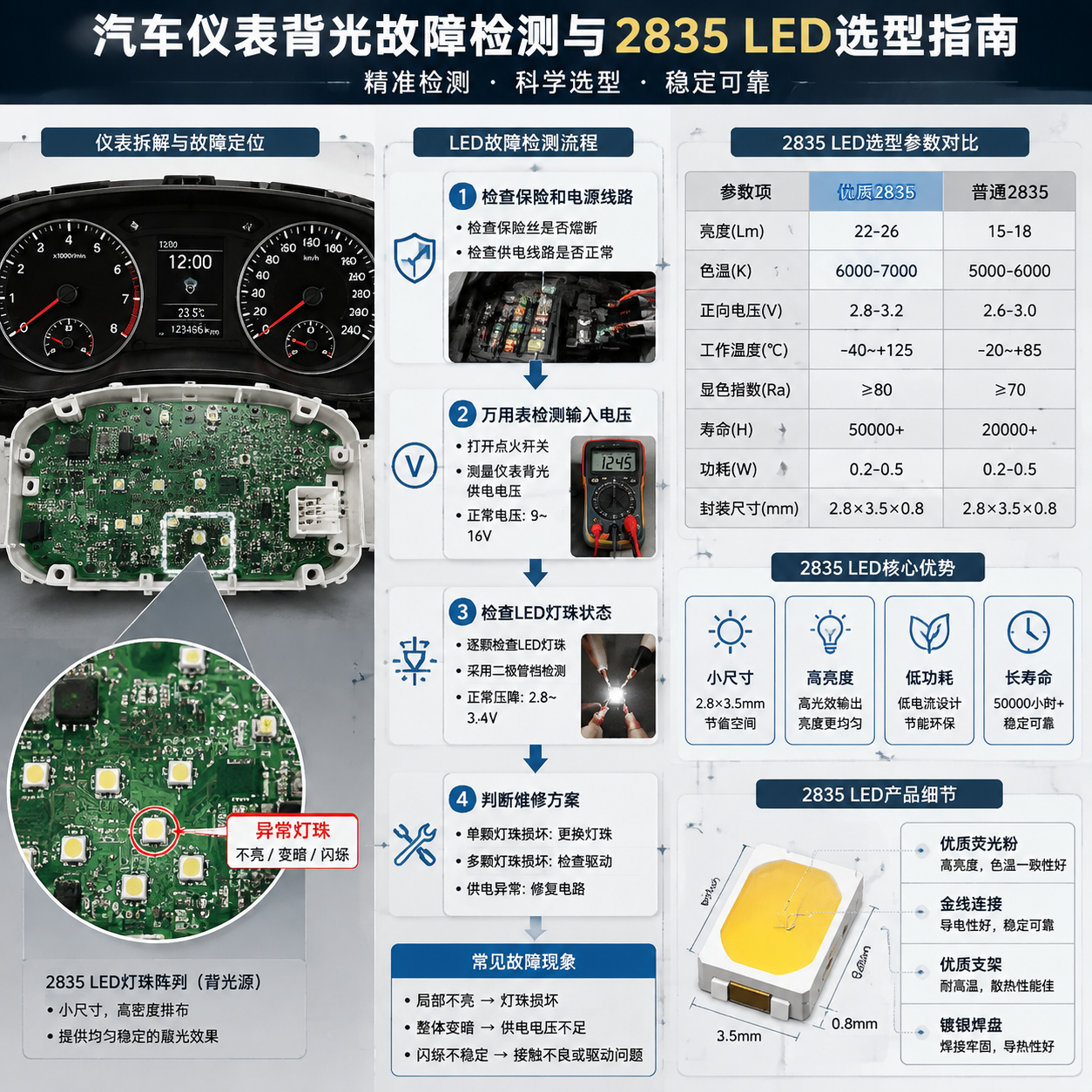 横版技术原理示意图，围绕汽车仪表背光故障检测与2835 LED选型展开。画面左侧展示拆开的汽车仪表模块，清晰看到背光PCB板上的2835 LED灯珠阵列，其中一颗灯珠标注为异常区域；中间通过流程箭头展示检测步骤：检查保险和电源线路→万用表检测输入电压→检查LED灯珠状态→判断维修方案。右侧呈现参数对比信息可视化，包括亮度、色温、电压、工作温度、寿命等选型指标，并突出小尺寸、高亮度、低功耗、长寿命四项特点。画面融合电子工程图、维修流程图和产品细节放大镜效果，背景简洁专业，横版布局，帮助读者理解2835灯珠检测和选型逻辑。
