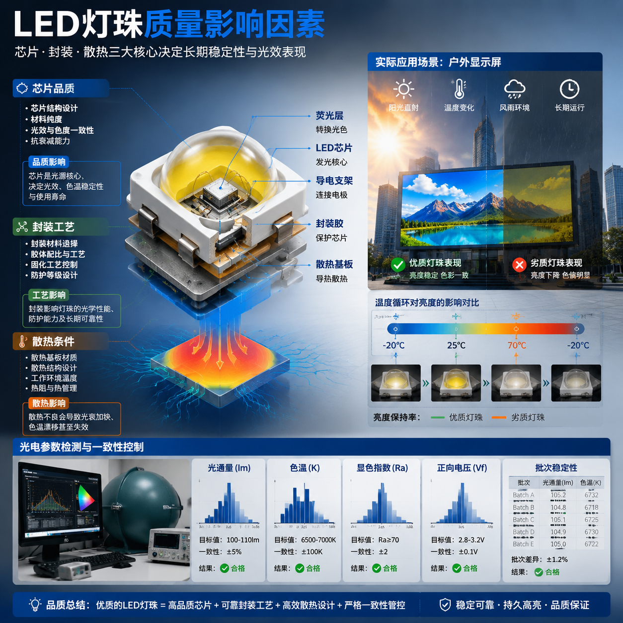 LED灯珠质量影响因素技术示意图：中心拆解灯珠显示芯片、封装材料、散热区域及影响因素，旁边对比户外显示屏正常与亮度降低场景，并展示光电参数检测界面