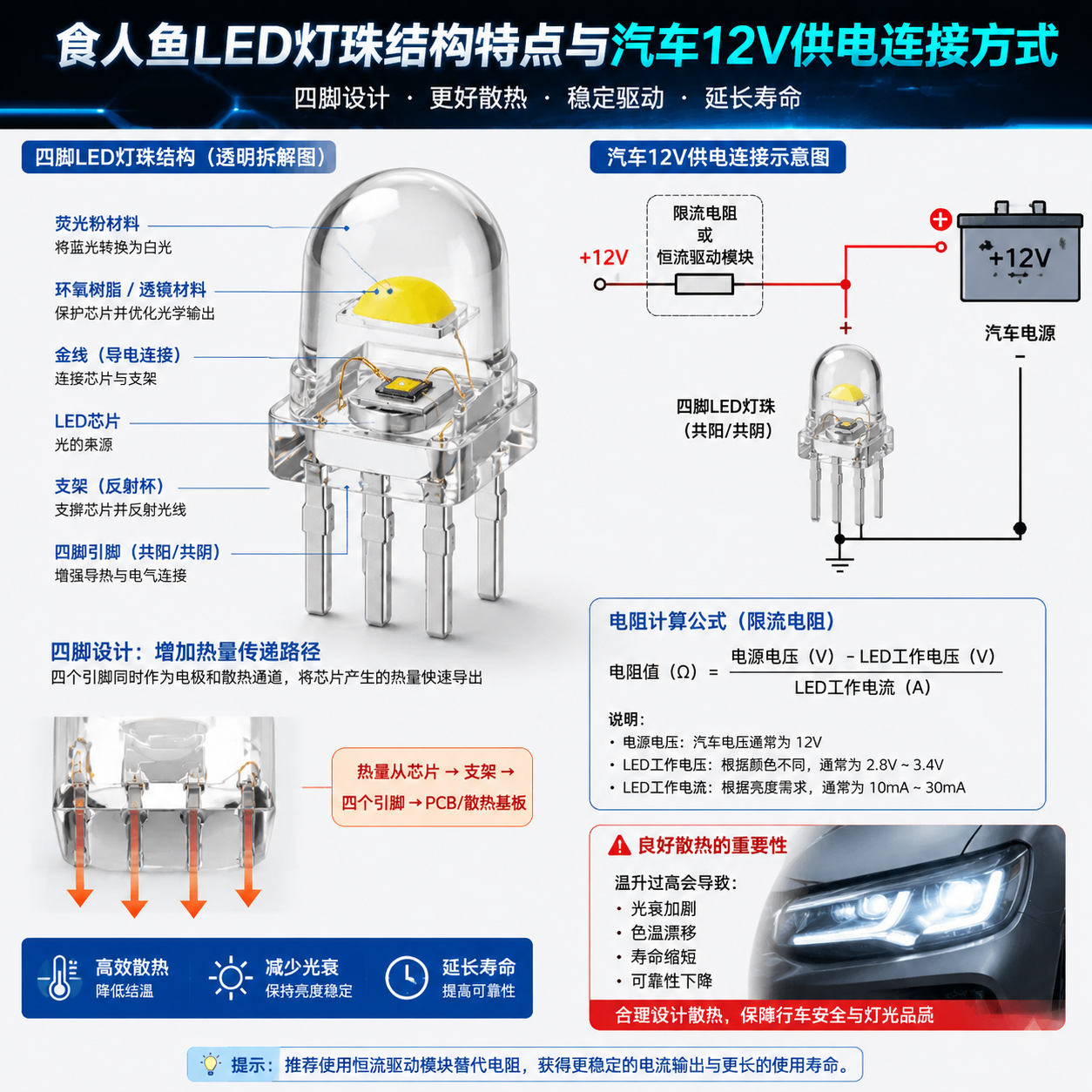 横版原理示意图,展示食人鱼LED灯珠结构特点与汽车12V供电连接方式。画面中央为透明拆解式四脚LED结构图,依次标注LED芯片、支架、金线、环氧树脂或透镜材料、荧光粉材料等组成部分,突出四个引脚增加热量传递路径的特点。右侧展示汽车12V电源连接示意:12V电源经过串联限流电阻或恒流驱动模块后连接LED灯珠,旁边显示公式“电阻值=(电源电压-LED工作电压)÷LED工作电流”。加入散热箭头表示热量从灯珠底部引脚传递出去,体现避免温升导致光衰和寿命降低。整体采用专业电子工程信息图风格,横向排版,清晰准确。 English: Technical infographic showing four-pin LED structure, heat dissipation paths and 12V automotive power connection with resistor driver, engineering diagram style, horizontal layout.