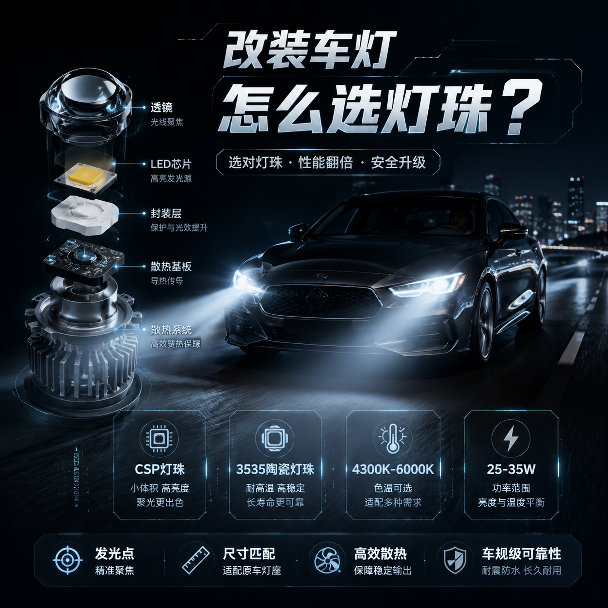 横版科技感汽车照明主题封面图，展示一辆现代汽车夜间行驶在道路上，前大灯发出清晰均匀的白色光束，画面左侧以半透明拆解效果展示LED车灯内部结构，包括LED芯片、封装层、散热基板等组件，突出“改装车灯怎么选灯珠”的核心问题。画面加入简洁参数信息视觉元素：CSP灯珠、3535陶瓷灯珠、4300K-6000K色温、25-35W功率等关键词以科技HUD形式呈现，体现选灯珠需要关注发光点、尺寸匹配、散热和车规级可靠性。整体风格为汽车工业摄影结合3D技术渲染，横向构图，适合文章开篇吸引读者。
