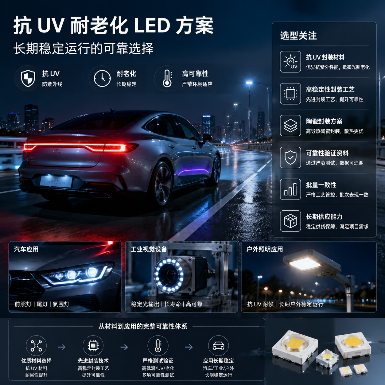 横版实景应用场景图,展示抗 UV 耐老化 LED 方案在实际长期运行环境中的价值。画面主体为现代汽车夜间道路场景,包含汽车氛围灯、尾灯和前照灯稳定发光效果,同时加入工业视觉设备、户外照明等应用元素作为延展。画面一侧以简洁技术卡片形式呈现选型关注内容:抗 UV 封装材料、高稳定性封装工艺、陶瓷封装方案、可靠性验证资料、批量一致性和长期供应能力。突出从材料选择、封装技术到应用落地的完整可靠性体系,体现汽车项目对长期稳定性能的需求。整体风格为真实产品摄影结合未来工业信息图,光线清晰,横版构图,适合作为结论前总结性配图。