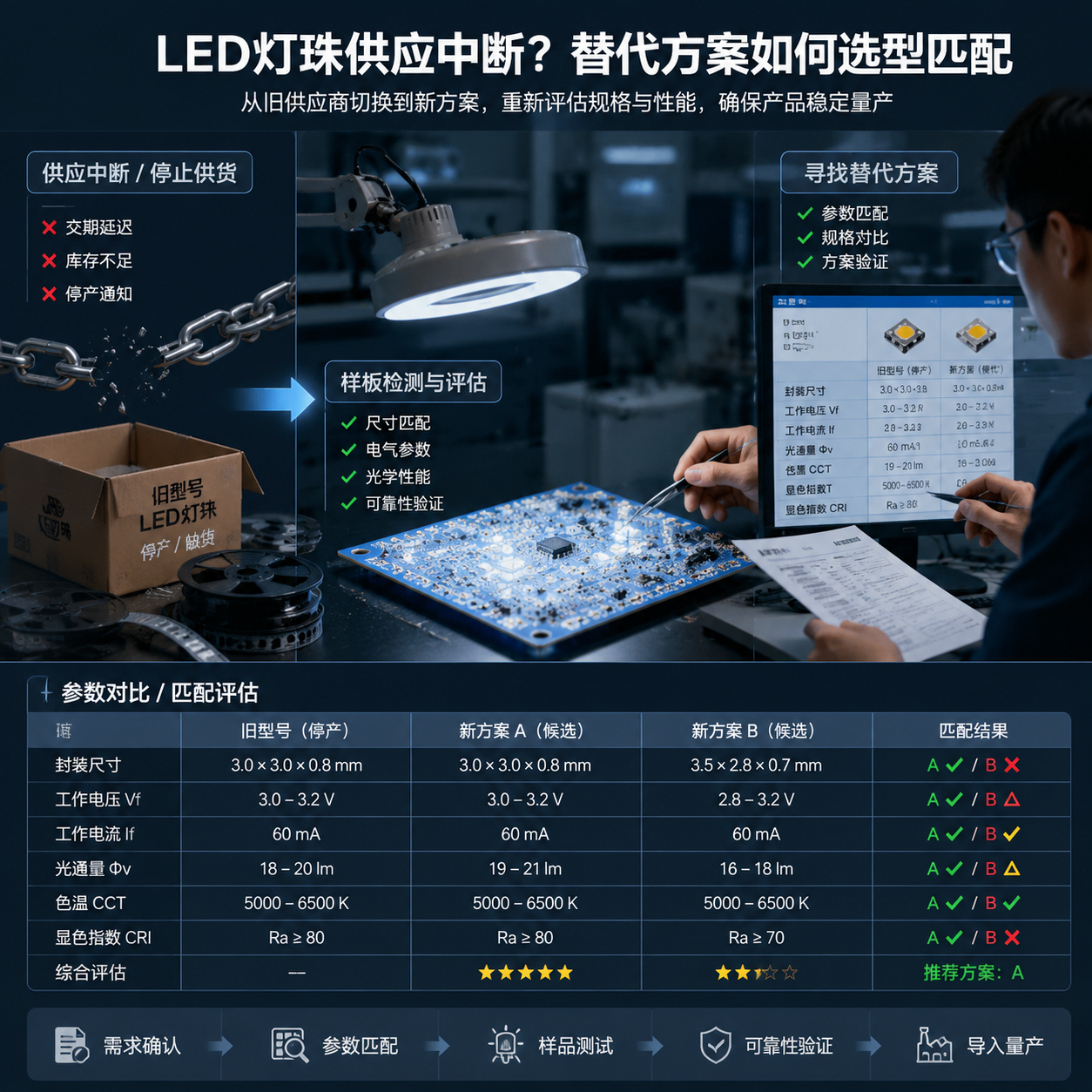 中之科技倒闭后LED灯珠替代方案需求工业场景图：左侧中断供应链、右侧参数匹配与工程评估过程