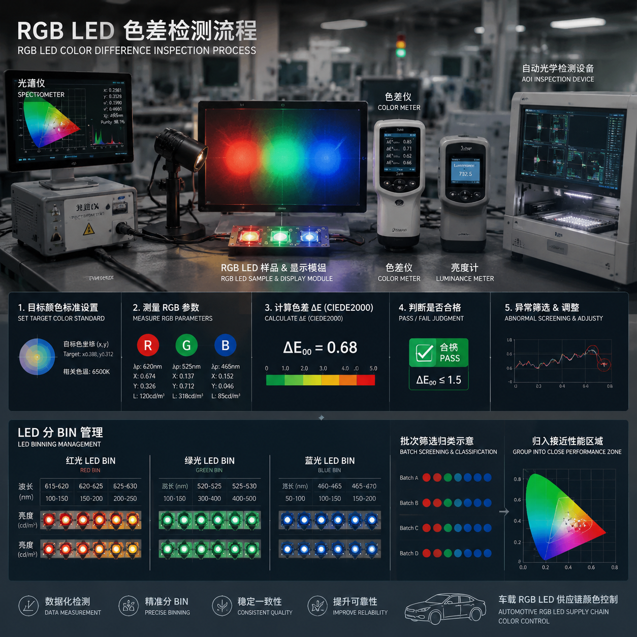 横版工业检测场景图,展示车载 RGB LED 色差检测流程。画面中心为 RGB LED 光源样品和显示模组,旁边放置光谱仪、色差仪、亮度计以及自动光学检测设备,设备屏幕显示 RGB 输出参数采集、CIEDE2000 计算结果和 ΔE 测试数据。画面加入 LED 分 BIN 管理示意:多个 LED 灯珠按照波长、亮度参数被分类排列,不同批次 LED 通过筛选归入接近性能区域。背景为现代化 LED 生产实验室,体现从目标颜色标准设置、测量 RGB 参数、计算 ΔE、判断是否合格到异常筛选调整的完整检测流程。突出车载 RGB LED 供应链中的数据化颜色控制。横版构图,真实工业摄影结合信息图表风格。English note: LED color measurement laboratory, RGB binning process, Delta E inspection workflow.