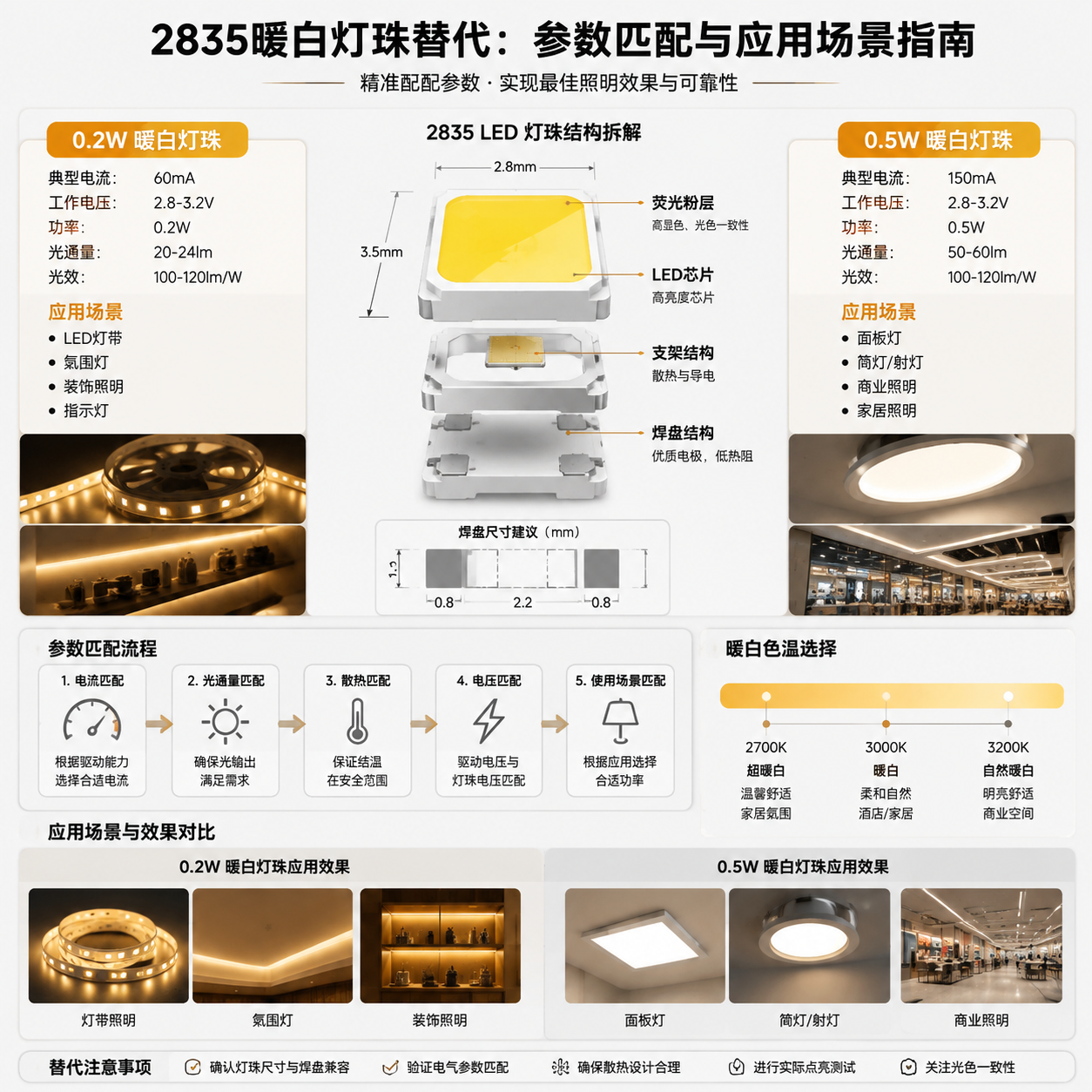 横版技术示意图，展示2835暖白灯珠替代过程中的参数匹配和应用场景。画面中心为拆解式2835 LED灯珠结构示意，包括2.8mm×3.5mm封装尺寸标注、芯片、支架、焊盘结构，同时旁边排列0.2W与0.5W两种暖白灯珠对比区域：0.2W区域展示LED灯带、氛围灯应用，0.5W区域展示面板灯、商业照明应用。加入色温渐变标识2700K、3000K、3200K，以及电流、光通量、散热匹配流程箭头。整体风格为专业LED工程设计图，结合真实产品细节和简洁数据可视化，突出技术参数如何影响最终照明效果。