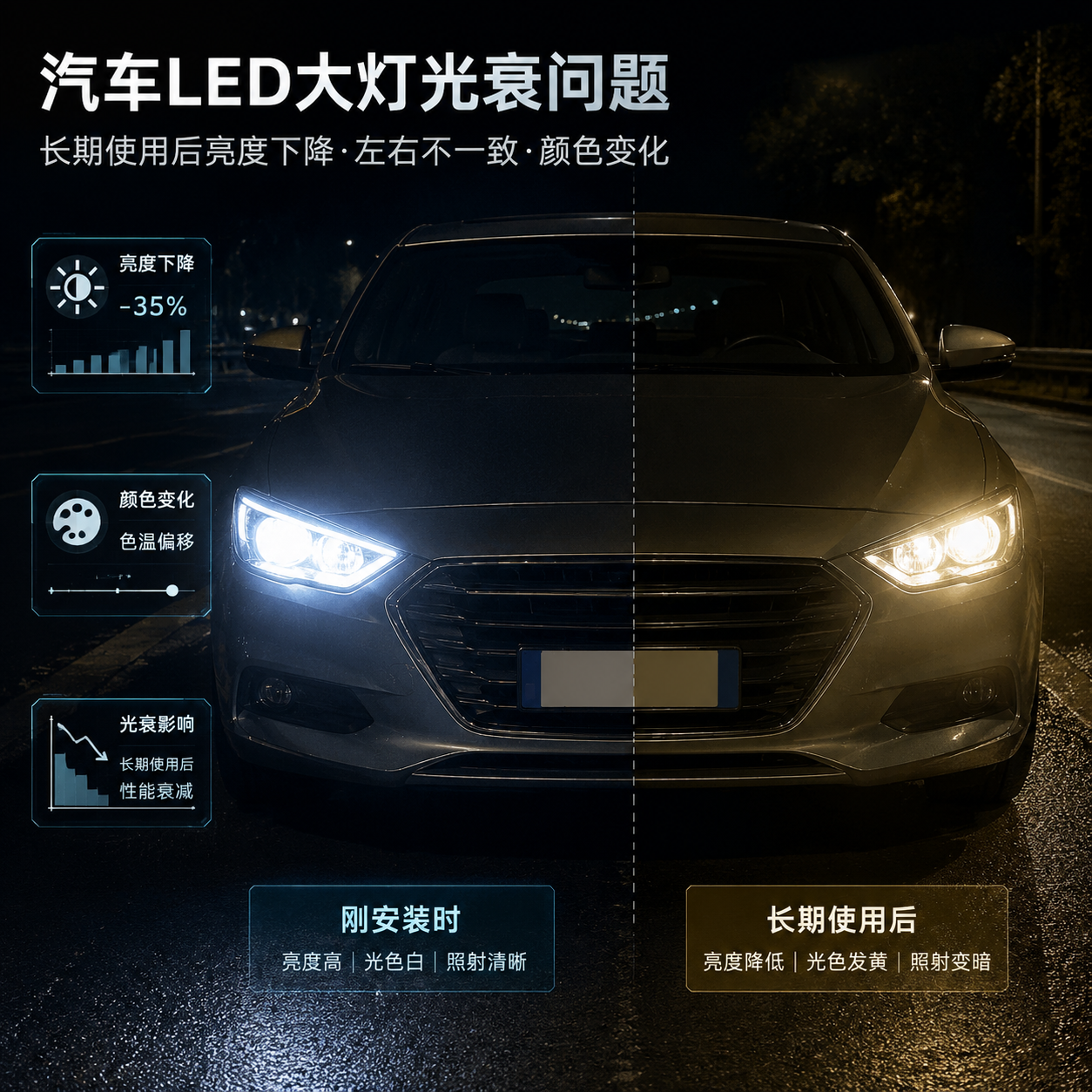 汽车LED大灯长期使用后出现光衰问题的场景:一辆汽车停在夜晚道路旁,左右两个LED大灯亮度形成明显对比,一侧灯光明亮稳定,另一侧灯光变暗并带有轻微发黄效果,突出刚安装时亮度高、变暗、左右亮度不一致、颜色变化的光衰现象,横版构图,工业摄影风格