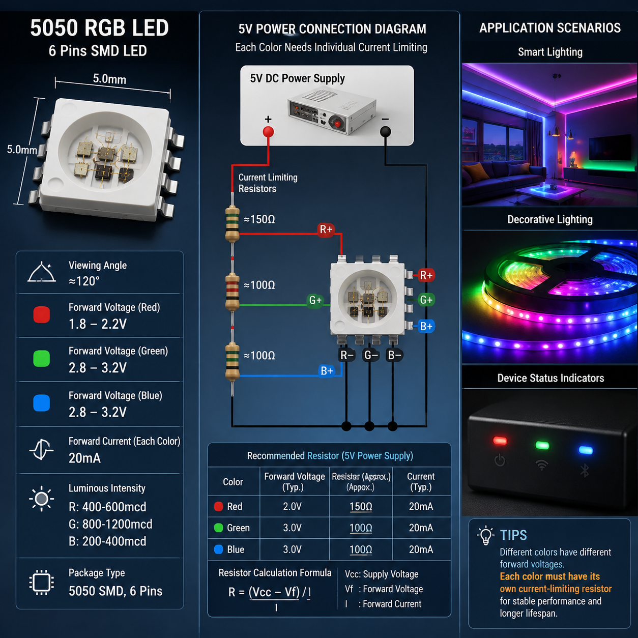 6脚5050 RGB LED主要参数、5V电源接线方法及应用场景示意图