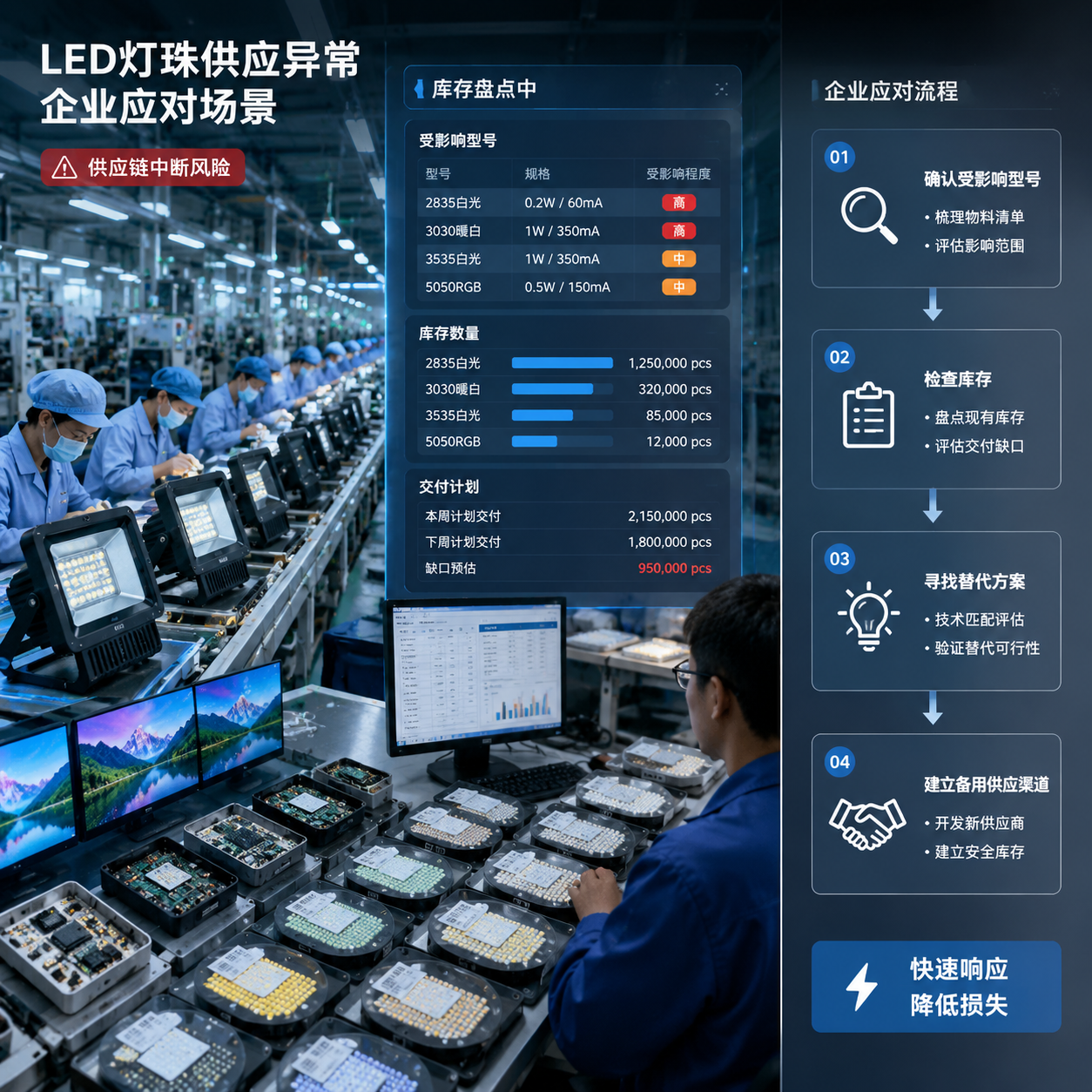 LED灯珠供应异常后的企业应对场景。横版构图，左侧为电子制造工厂生产线，多个LED灯具、LED显示屏组件和消费电子产品正在组装，中间位置突出显示一批LED灯珠元器件库存盘点场景，工作人员通过电脑查看受影响型号、库存数量和交付计划；右侧以简洁信息板形式呈现“确认受影响型号、检查库存、寻找替代方案、建立备用供应渠道”的处理流程。画面需体现供应链中断风险与企业快速响应，不出现任何品牌名称，采用真实工业摄影结合信息可视化风格，冷色工业灯光，适合公众号开篇视觉