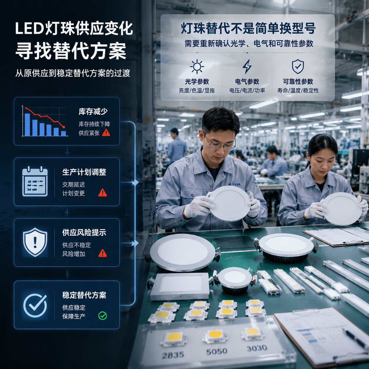 横版构图，展示LED灯珠供应变化后企业寻找替代方案的场景。画面左侧是一条出现波动的LED灯珠供应链示意，包含库存减少、生产计划调整、供应风险提示等视觉元素；右侧是一家照明产品工厂的生产线，工作人员正在检查面板灯、筒灯、吸顶灯等成品灯具，并对2835、5050、3030等不同封装尺寸灯珠样品进行替换评估。突出“灯珠替代不是简单换型号，需要重新确认光学、电气和可靠性参数”的主题，体现企业从原供应到稳定替代方案的过渡过程。整体采用现代工业科技摄影风格，真实工厂环境，清晰细节，适合公众号文章头图，横向16:9比例