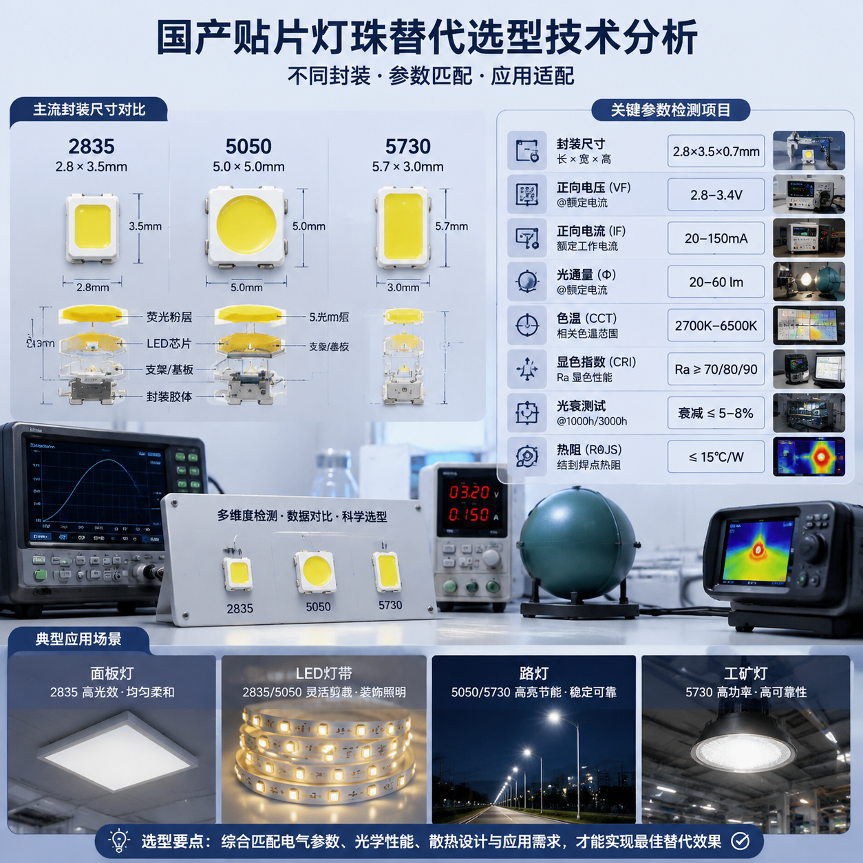 横版构图，展示国产贴片灯珠替代选型的技术分析场景。画面中心为SMD灯珠拆解展示，包括2835、5050、5730三种封装尺寸的对比排列，旁边显示参数检测面板，包含封装尺寸、电压、电流、光通量、色温、显色指数、光衰测试等关键验证项目。背景结合实际应用场景，如面板灯、LED灯带、路灯和工矿灯的产品局部实拍效果，突出不同型号对应不同照明需求。画面风格为精密电子检测实验室风格，细节清晰，体现替代灯珠需要综合参数匹配而非只看型号。English note: LED package comparison and parameter testing infographic.