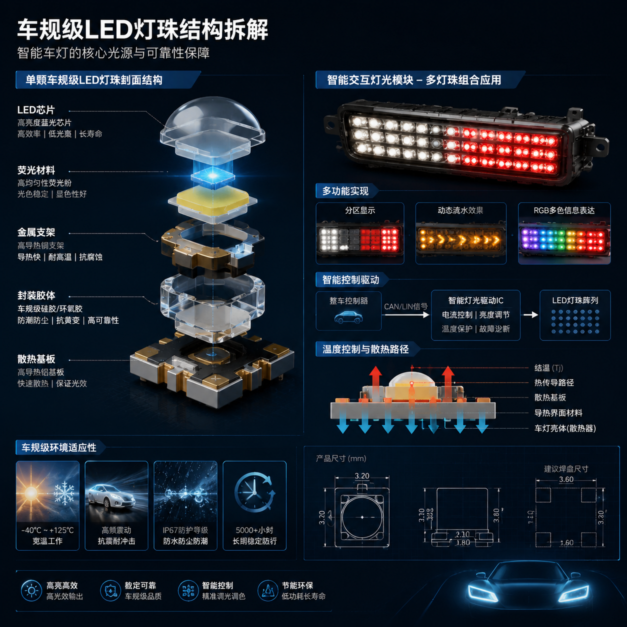 横版构图,制作一张车规级LED灯珠结构拆解示意图,紧密对应智能车灯中的LED应用技术。画面中央展示单颗车规级LED灯珠剖面结构,从上到下标注LED芯片、荧光材料、金属支架、封装胶体、散热基板等组成部分;旁边展示多个LED灯珠组合形成智能交互灯光模块,实现分区显示、动态流水效果、RGB多色信息表达。加入温度控制和散热路径示意,体现汽车环境下需要应对温度变化、震动、湿气以及长期运行要求。整体风格为高精度工业产品展示图,结合工程蓝图元素和真实电子元件质感,突出结构可靠性与智能控制能力。English note: automotive LED package structure diagram, smart lighting module, engineering visualization, horizontal layout.