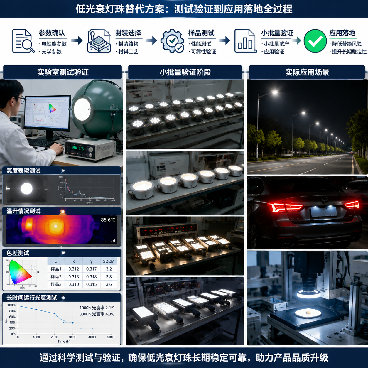 低光衰灯珠替代方案测试验证到实际应用全过程实景图,横版总结型:左侧为实验室测试区域,工程人员使用光学测试设备检测LED灯珠样品,显示测试项目包括亮度表现、温升情况、色差、长时间运行后的光衰变化;中间为小批量验证阶段的灯具样品排列;右侧展示实际应用场景,包括户外路灯、汽车尾灯、机器视觉检测设备稳定工作的画面,整体通过流程化构图表现参数确认→封装选择→样品测试→小批量验证的选型流程,突出降低替换风险、提升长期稳定性的价值,真实工业摄影风格