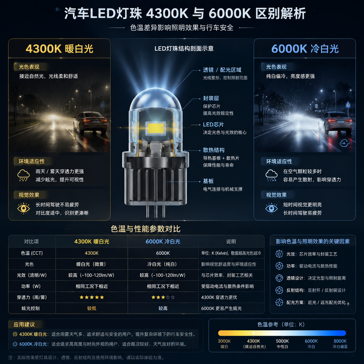 横版技术示意图,围绕汽车LED灯珠4300K和6000K区别进行可视化展示。画面中央为汽车LED灯珠结构剖面示意,包括LED芯片、封装层、散热结构和透镜配光区域;左侧标注4300K暖白光,展示接近自然光的柔和光束,在雨天道路和雾气环境中保持较稳定视觉效果;右侧标注6000K冷白光,展示纯白光束以及空气颗粒导致的散射示意。加入参数对比信息:4300K暖白光、6000K冷白光、色温单位K、影响因素包括光效、功率、透镜设计、反射结构和配光方案。整体采用汽车照明工程资料图风格,横版布局,突出原理和参数关系。