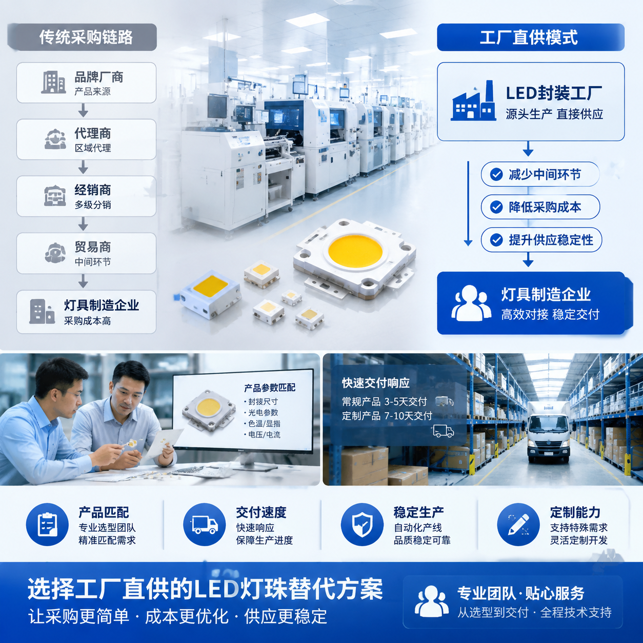 中之光电灯珠替代工厂直供方案供应链对比:传统品牌渠道代理经销环节与LED封装工厂直供模式示意图,突出减少中间环节降低采购成本提升供应稳定性的工业供应链解决方案场景,横版构图,蓝色科技色调