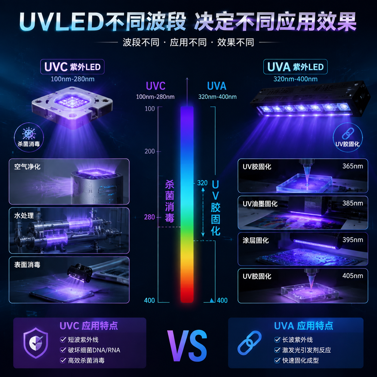 UVLED不同波段应用示意图:UVC杀菌消毒与UVA固化胶水的区别