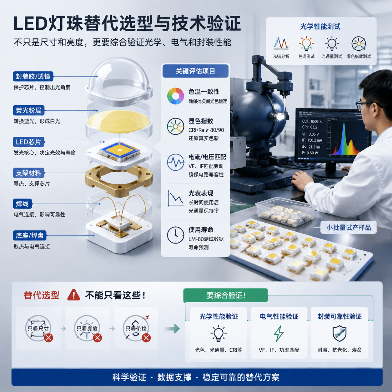 LED灯珠替代选型与技术验证过程，中心拆解展示的LED灯珠结构模型分层呈现芯片、支架、荧光粉等内部组成，标注色温一致性、显色指数、电流电压匹配、光衰表现、使用寿命等关键评估项目，旁侧实验测试区域工程师用光学设备检测样品，体现综合验证光学电气封装性能