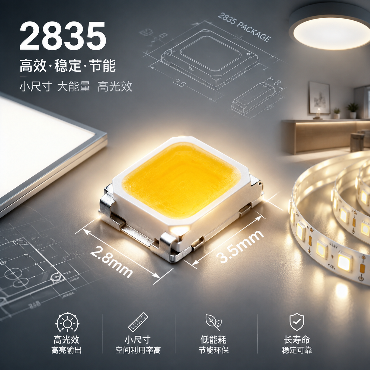 横版科技产品展示构图，作为文章开篇主题图，突出2835白光灯珠在高效照明选型中的核心价值。画面中心是一颗微型LED灯珠的高清微距实拍效果，展示约2.8毫米长度、3.5毫米宽度的紧凑封装外观，旁边搭配超薄面板灯、柔性灯带和现代家居照明设备的应用场景缩影。背景加入简洁的LED照明设计草图元素，体现小尺寸封装、空间利用率提升和稳定发光的概念，灯光从灯珠向外扩散形成柔和白光效果，整体风格为专业工业摄影结合未来科技感，适合公众号头图排版。