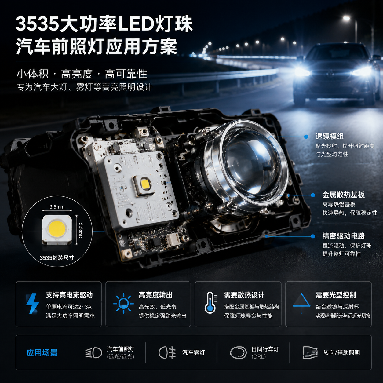 3535大功率灯珠汽车大灯模组实物拆解首图