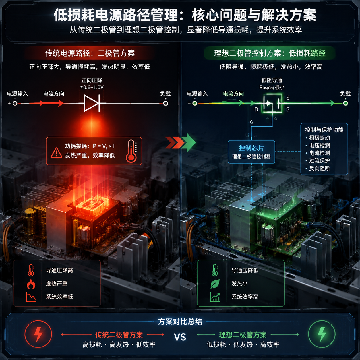 LM5050理想二极管控制器与传统二极管电源路径效率对比
