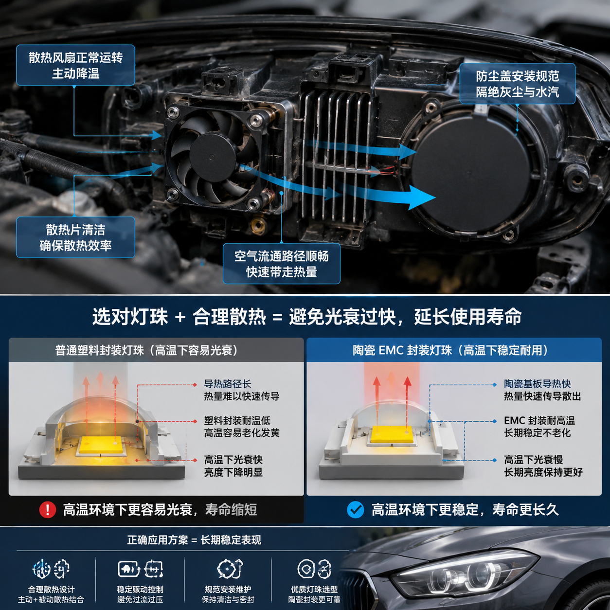 改装大灯灯珠光衰过快怎么排查(LED大灯光衰原因与检测方法)