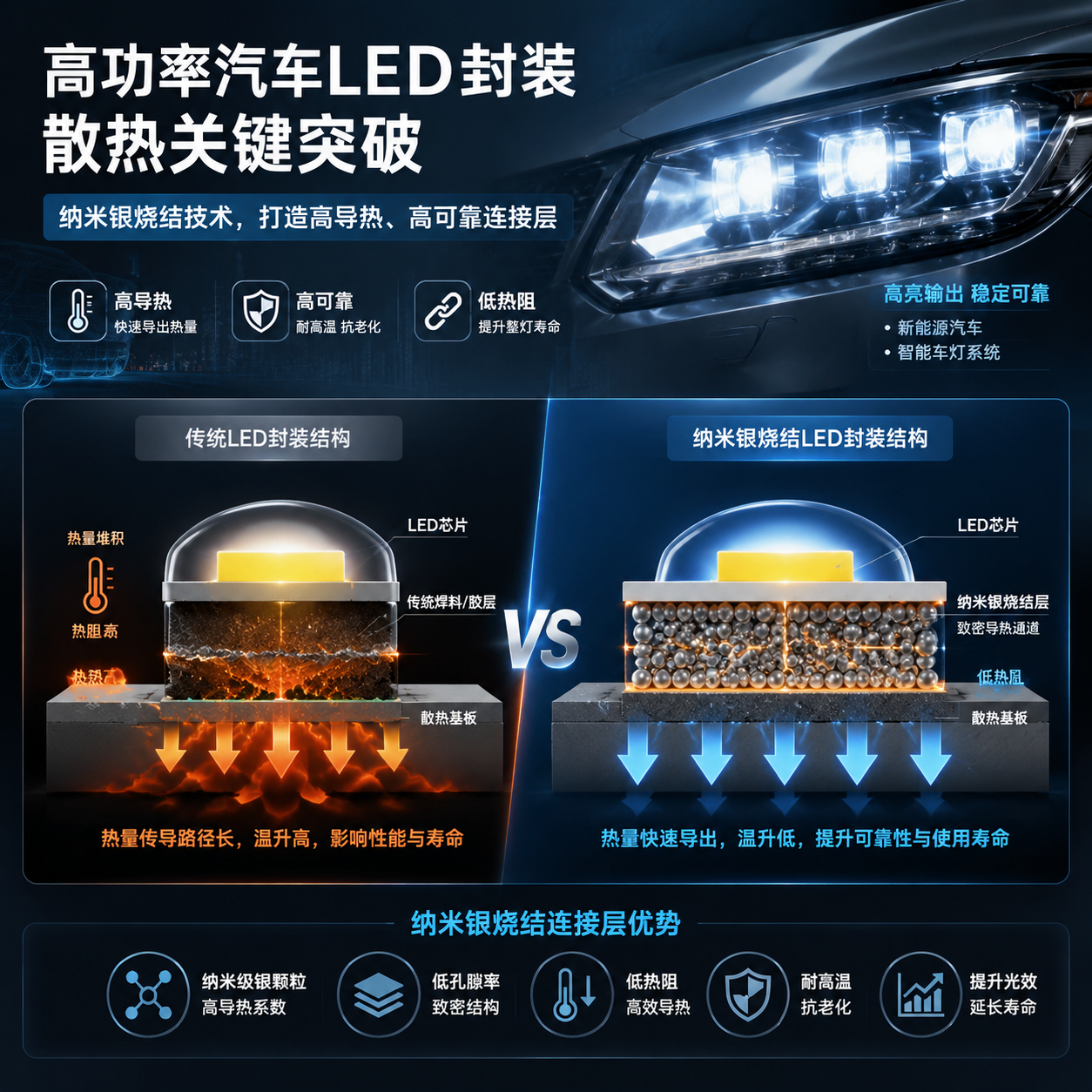 横版科技工业风剖面示意图，展示高功率汽车LED车灯封装散热问题与纳米银烧结解决方案。画面左侧为传统LED封装结构，芯片下方连接层热量堆积，用红橙色热流表示温升；右侧为优化后的纳米银烧结封装结构，突出LED芯片、纳米银连接层、散热基板三层结构，使用银色微粒组成致密导热通道，展示热量快速向基板扩散的过程。画面加入汽车前大灯应用背景元素，体现新能源汽车和智能车灯高亮运行场景，突出“高导热、高可靠连接层”这一核心概念，整体采用精密半导体科技插画风格，横向构图，适合文章开篇展示。