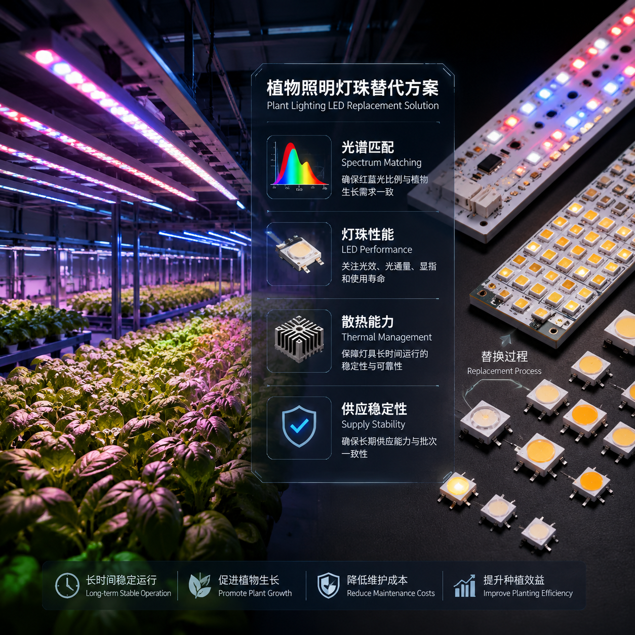 横版科技感场景图，展示植物照明灯珠替代方案的核心问题与解决方向。画面左侧为正在运行的植物工厂和温室补光系统，顶部排列长条LED植物灯具，右侧展示拆解后的LED灯板与不同规格灯珠模块，中间以半透明信息层展示替代选型需要关注的四个关键因素：光谱匹配、灯珠性能、散热能力、供应稳定性，整体采用真实工业摄影结合技术信息图风格