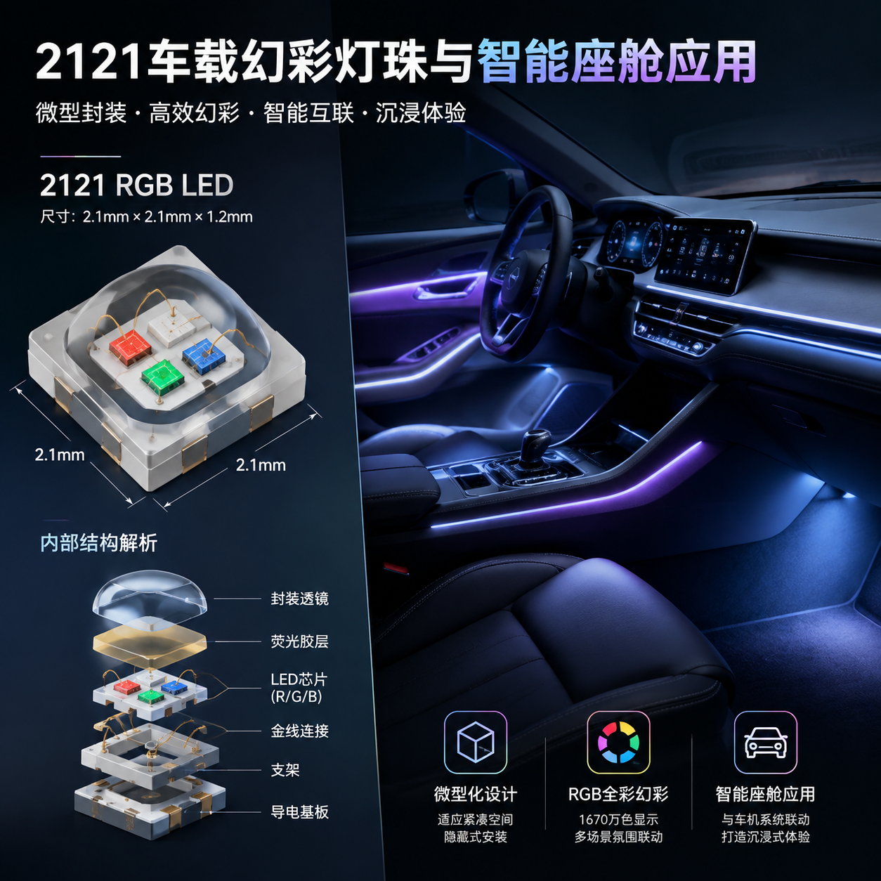 2121车载RGB幻彩灯珠微距与智能座舱氛围灯首图