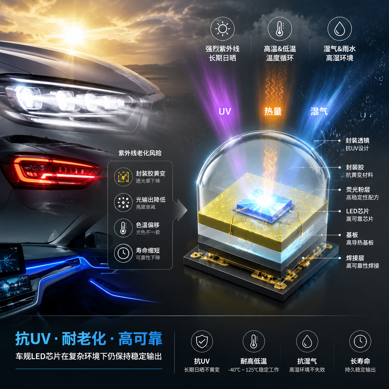 横版科技工业风构图,展示抗 UV 耐老化车规 LED 芯片面对汽车复杂环境挑战的整体场景。画面左侧为汽车前灯、尾灯和智能座舱氛围灯的真实应用局部特写,右侧为 LED 芯片封装结构放大示意,顶部加入太阳紫外线光束、高温热浪、雨水湿气等环境因素作用于 LED 的视觉效果,突出“长期日晒、高温、低温、湿气环境下仍保持稳定输出”的主题。芯片内部可展示封装胶、荧光粉、基板等层级结构,体现紫外线可能导致黄变、透光率下降、光输出降低和色温偏移的风险。整体采用高端汽车电子产品宣传摄影结合半透明技术剖面图风格,横向留白适合文章开篇配图。