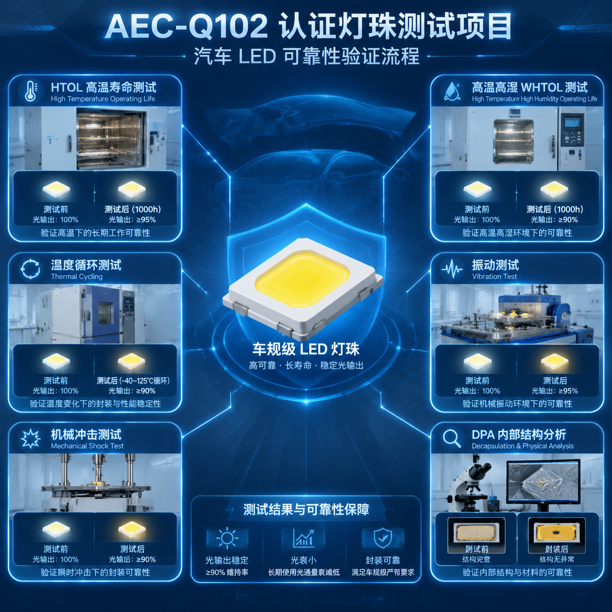 车规 LED 灯珠 AEC-Q102 认证灯珠测试项目示意图,展示 HTOL 高温寿命测试、高温高湿 WHTOL 测试、温度循环测试、振动测试、机械冲击测试及 DPA 内部结构分析等可靠性验证流程与光输出稳定性对比