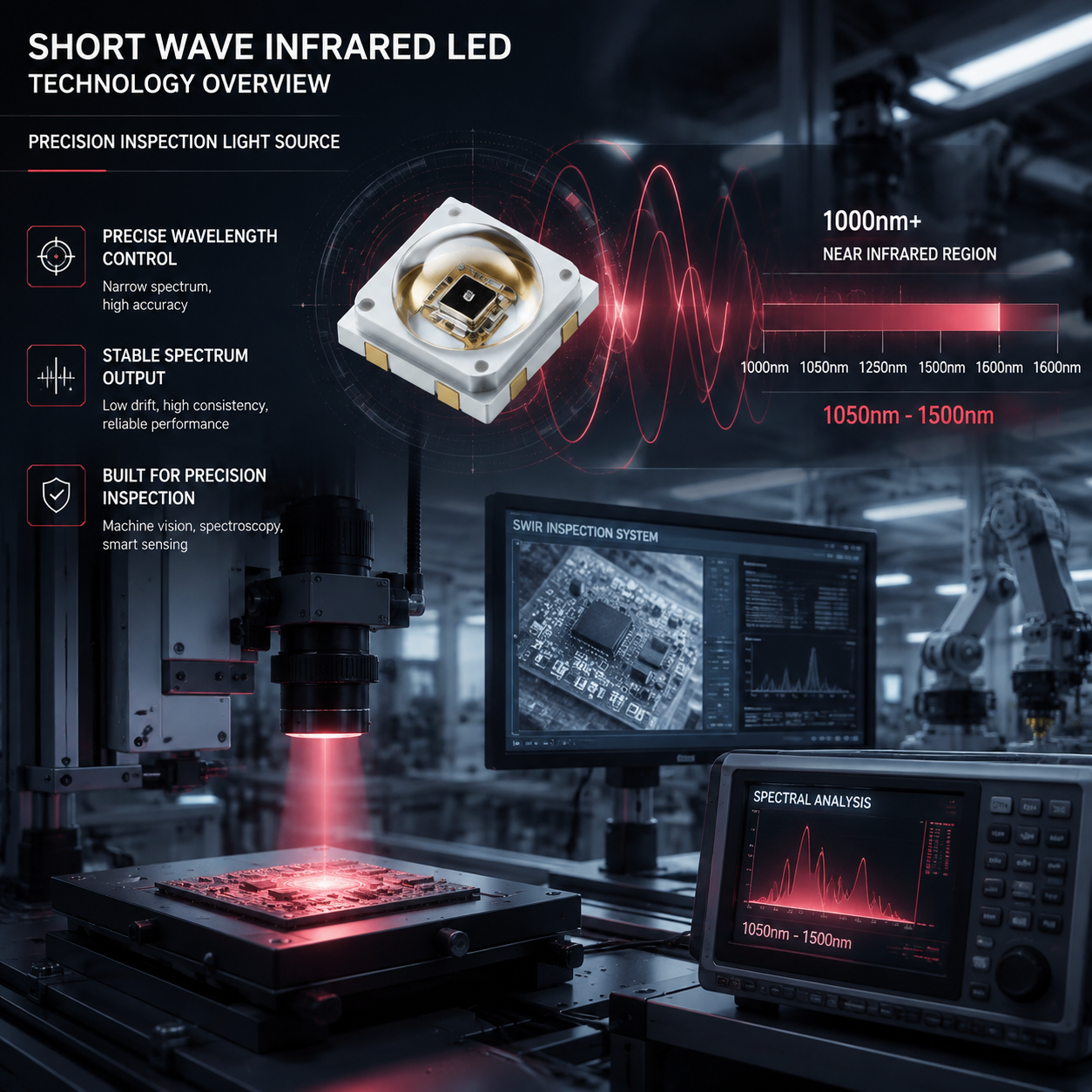 短波红外LED(SWIR LED)作为精密检测光源的概念图,展示其在工业机器视觉、光谱分析等领域的应用,并突出1050nm-1500nm的工作波段。