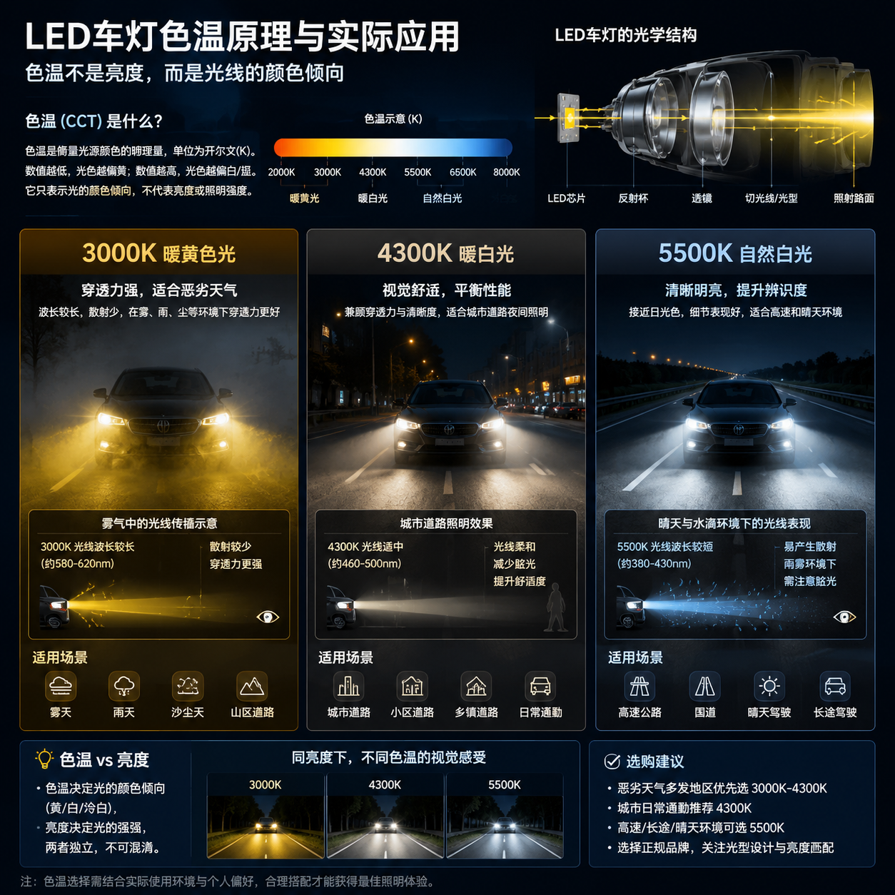 LED车灯色温原理技术示意图,中心展示汽车LED灯光结构与光线传播,标注3000K黄色光、4300K暖白光、5500K自然白光三种色温效果,左侧模拟雾气中长波长散射较小的穿透效果,中间体现4300K城市夜间平衡照明,右侧展示5500K晴天清晰视觉,同时加入水滴散射示意,突出色温代表光线颜色倾向而非亮度
