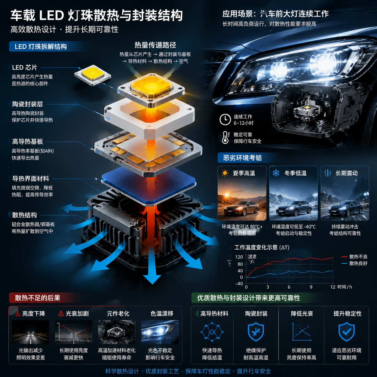 车载 LED 灯珠散热与封装结构示意图,展示芯片、陶瓷封装、高导热基板及热量传递过程,标注陶瓷封装降低光衰提升长期稳定性,适用于汽车前大灯连续工作场景
