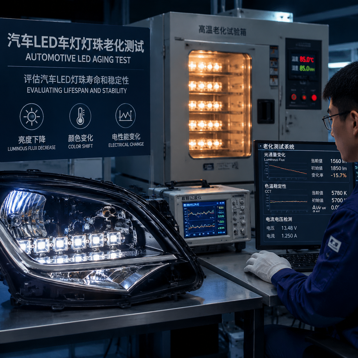 横版构图,展示汽车LED车灯灯珠老化测试的整体场景。画面左侧为拆开的汽车前照灯模组,内部可见排列整齐的LED灯珠;右侧为实验室老化测试设备,灯珠正在持续点亮,旁边显示光通量变化、色温稳定性、电流电压检测等测试界面。突出“评估汽车LED灯珠寿命和稳定性”的主题,可加入高温环境舱、数据记录仪、工程人员观察测试结果等元素,体现长期运行后亮度下降、颜色变化、电性能变化的检测过程。整体采用真实工业摄影风格,金属设备质感,冷色实验室光线,细节清晰,适合汽车照明技术文章开篇展示。English note: automotive LED aging test laboratory, realistic industrial photography, horizontal composition.