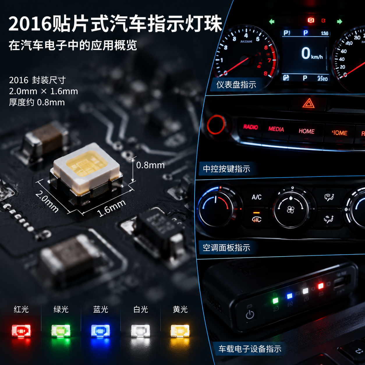横版科技产品展示图,主题为“2016贴片式汽车指示灯珠在汽车电子中的应用概览”。画面左侧为超微型SMD LED灯珠的高清微距实拍效果,突出2016封装尺寸约2.0mm×1.6mm、厚度约0.8mm的小型结构,可展示PCB焊接焊盘与微小元件比例对比;右侧延伸展示汽车仪表盘、中控按键、空调面板和车载电子设备中的发光应用场景,呈现红、绿、蓝、白、黄等不同指示颜色的效果。整体采用汽车电子工业摄影风格,精密、清晰、现代化,体现小尺寸LED满足汽车内部指示和背光显示需求。横版构图,适合公众号文章开篇视觉引导。