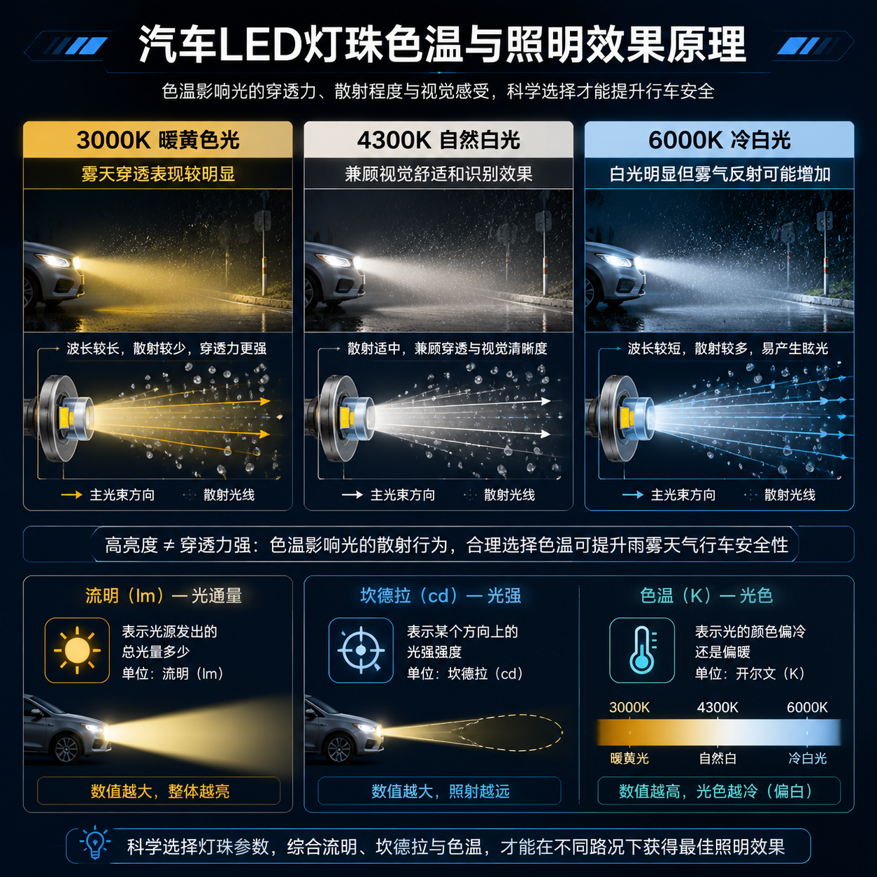 汽车LED灯珠色温与照明效果原理技术示意图,中心展示光线散射过程,左侧3000K暖光标注雾天穿透表现较明显,中间4300K自然白光兼顾舒适和识别,右侧6000K冷白光标注反射增加,包含流明lm坎德拉cd色温K参数说明,专业光学拆解插画风格