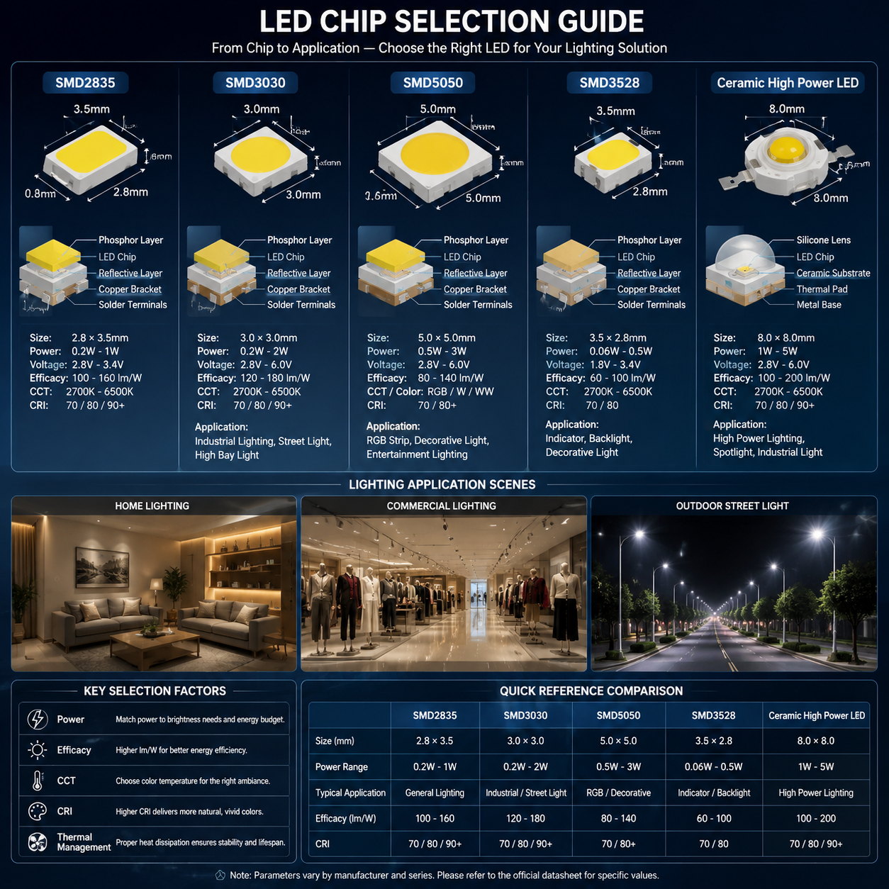 LED灯珠选型与实际应用的技术示意场景,画面中心为多个放大的LED灯珠结构展示包括SMD2835、SMD3030、SMD5050、SMD3528和陶瓷高功率LED模块,通过精细拆解视图展示不同尺寸特点并配合参数信息牌,背景结合家居照明、商业照明、户外路灯三个应用场景缩影,体现不同灯具根据功率、光效、色温、CRI和散热条件进行选型,高端产品技术展示图,细节清晰,科技感强