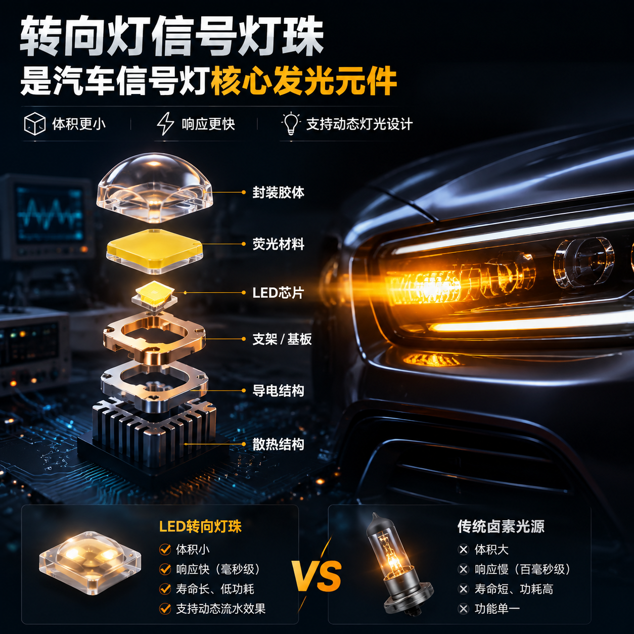 横版汽车科技产品展示图:左侧拆解状态的汽车LED转向灯信号灯珠展示LED芯片、支架、荧光材料、封装胶体等内部组成,右侧安装在现代汽车前灯中的黄色琥珀色LED转向灯正在闪烁,背景深色实验环境,突出体积小、响应快、支持动态灯光的优势
