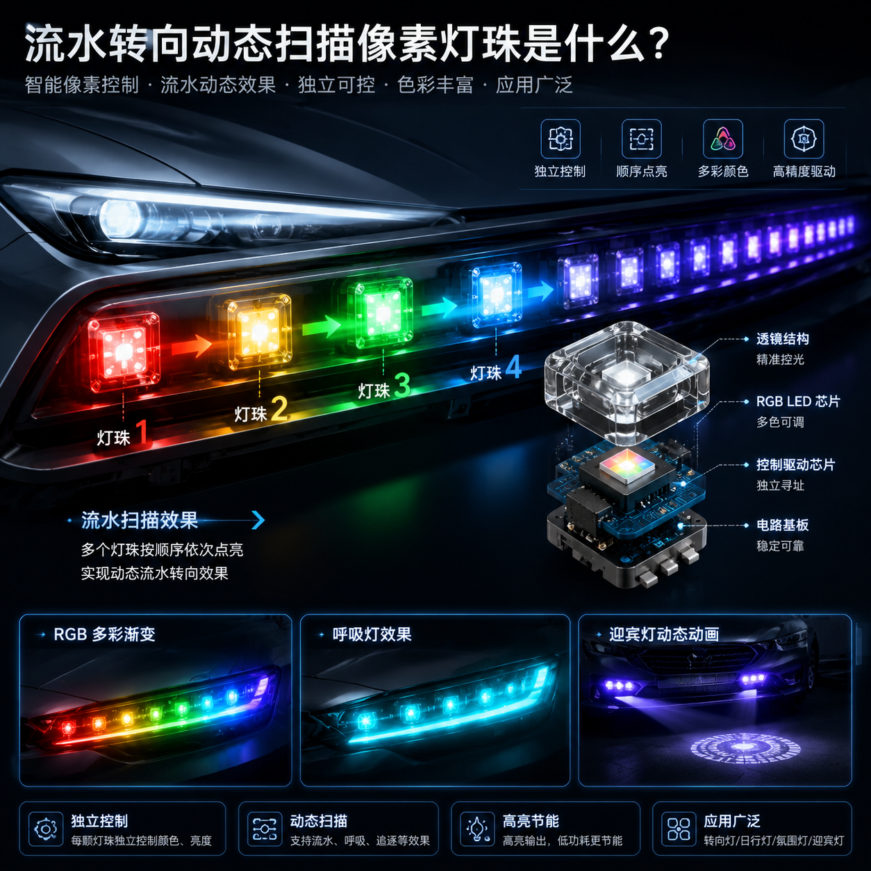 横版科技产品展示图,表现“流水转向动态扫描像素灯珠是什么”的核心概念。画面主体为一组汽车灯具内部的智能LED像素灯珠阵列,透明拆解视角展示单颗灯珠内部集成控制芯片结构,多个发光点按照灯珠1→灯珠2→灯珠3→灯珠4的顺序依次点亮,形成清晰的流水移动轨迹。画面中加入RGB颜色渐变、呼吸灯效果、动态迎宾灯动画等抽象光效元素,突出每颗灯珠可独立控制颜色、亮度和点亮顺序的特点。整体采用高端汽车电子产品渲染风格,深色背景搭配精细光线,体现智能LED技术感