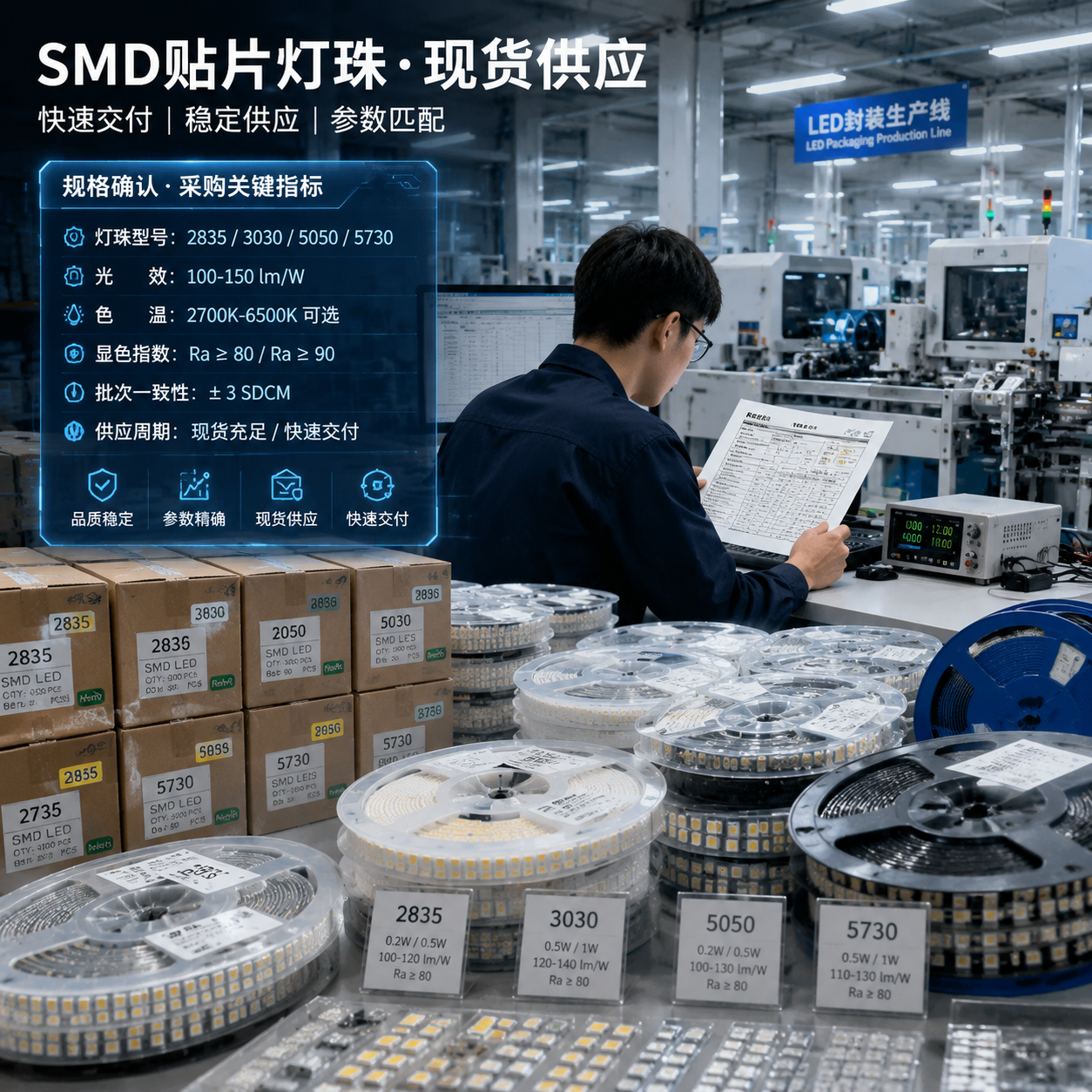 原中之科技SMD贴片灯珠现货采购场景实景，前景样品盘、卷带包装与检测仪器，中景工程师查看规格参数表，背景自动化LED封装生产线，突出快速交付、稳定供应与参数匹配的核心主题，横版工业摄影风格