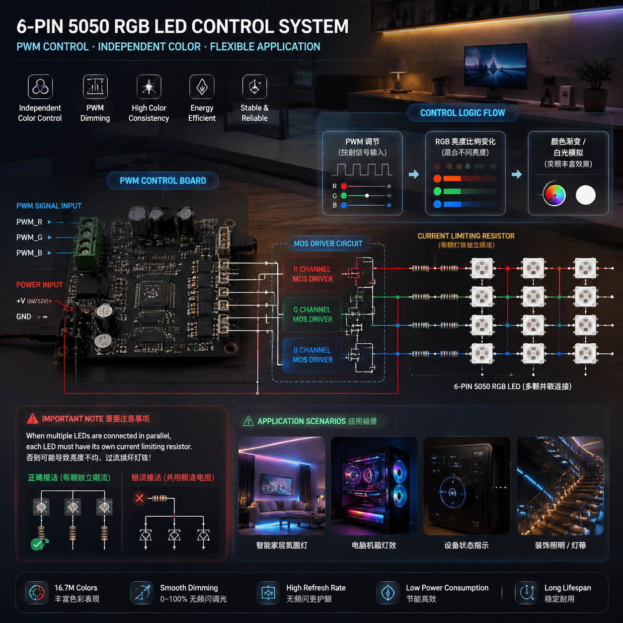 6脚5050RGB发光二极管怎么接线(6脚5050RGB LED接线方法)