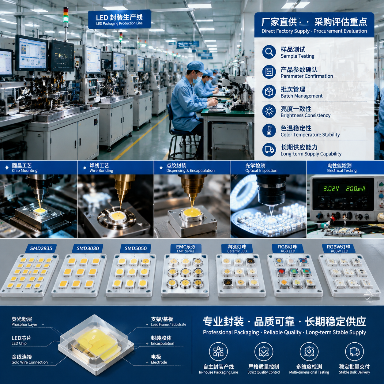 横版构图，聚焦LED灯珠厂家直供采购场景，展示LED封装生产与检测流程。画面主体为现代化LED封装车间，包含自主封装生产线、精密检测设备、显微检测区域，桌面摆放SMD2835、SMD3030、SMD5050、EMC系列、陶瓷灯珠、RGB/RGBW灯珠样品盘。旁侧以简洁参数信息板展示采购评估重点：样品测试、产品参数确认、批次管理、亮度一致性、色温稳定性、长期供应能力。画面突出灯珠结构细节、晶片封装工艺和质量检测环节，体现长期生产企业选择具备生产能力供应商的重要性。整体采用高清工业实拍风格，冷色科技光线，横版公众号配图比例。英文注释：LED packaging factory, SMD LED components, quality inspection process, technical industrial photography, horizontal composition.