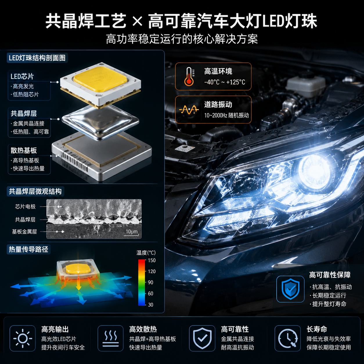 共晶焊工艺汽车大灯灯珠解决高功率可靠性问题场景,横版科技工业风构图,左侧拆解LED灯珠显示芯片共晶焊层散热基板三层结构,右侧安装在车辆前端的高亮LED大灯实景,体现发动机舱高温道路振动环境下热量快速传导,突出金属连接层与微观热流箭头