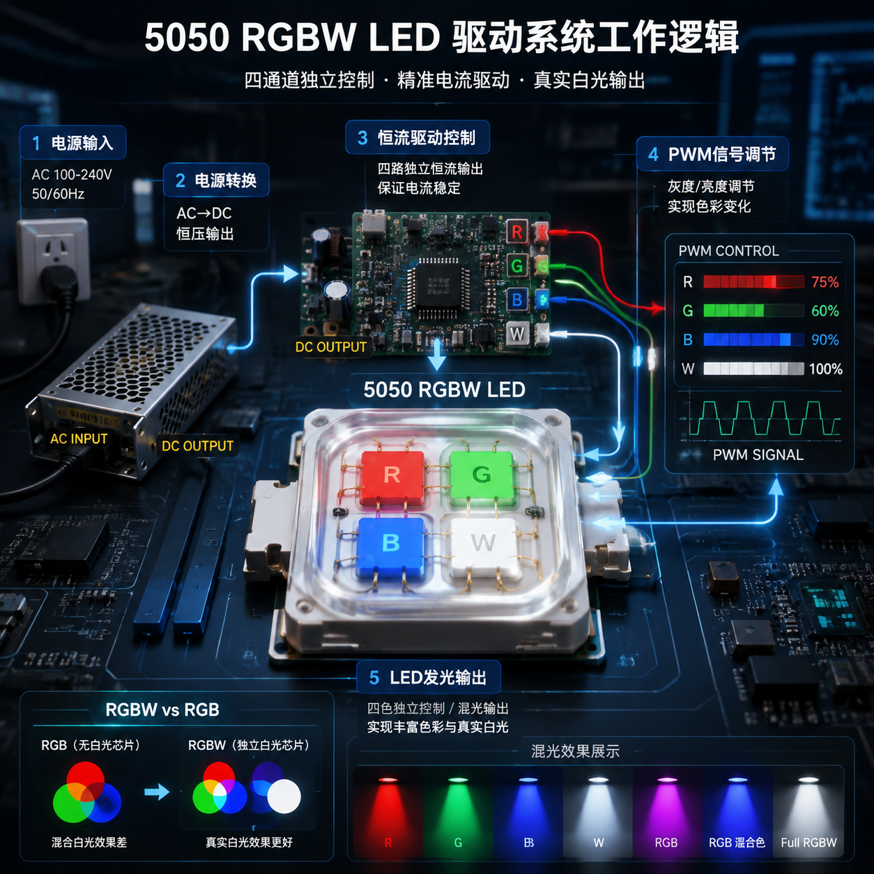 5050RGBW驱动系统工作原理示意图,展示灯珠结构与驱动电路的连接与控制流程