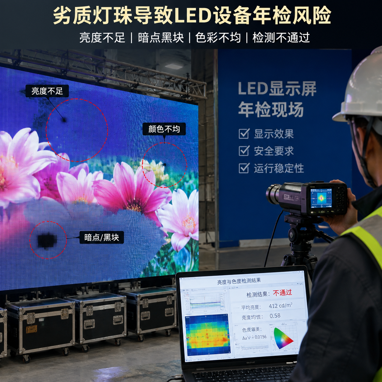 LED显示设备年检场景对比图：左侧运行设备出现亮度衰减、暗点和色差异常，右侧检测人员使用亮度检测设备检查显示效果，突出亮度不足、颜色不均和局部失效问题