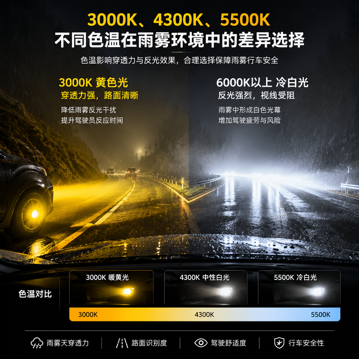 雨夜道路与浓雾环境中汽车开启3000K黄色雾灯的暖黄色光束清晰穿透雾气,道路边缘和车道线稳定可见,对比右侧6000K冷白光形成的白色反光光幕,突出3000K、4300K、5500K在雨雾天气的不同穿透与视界表现