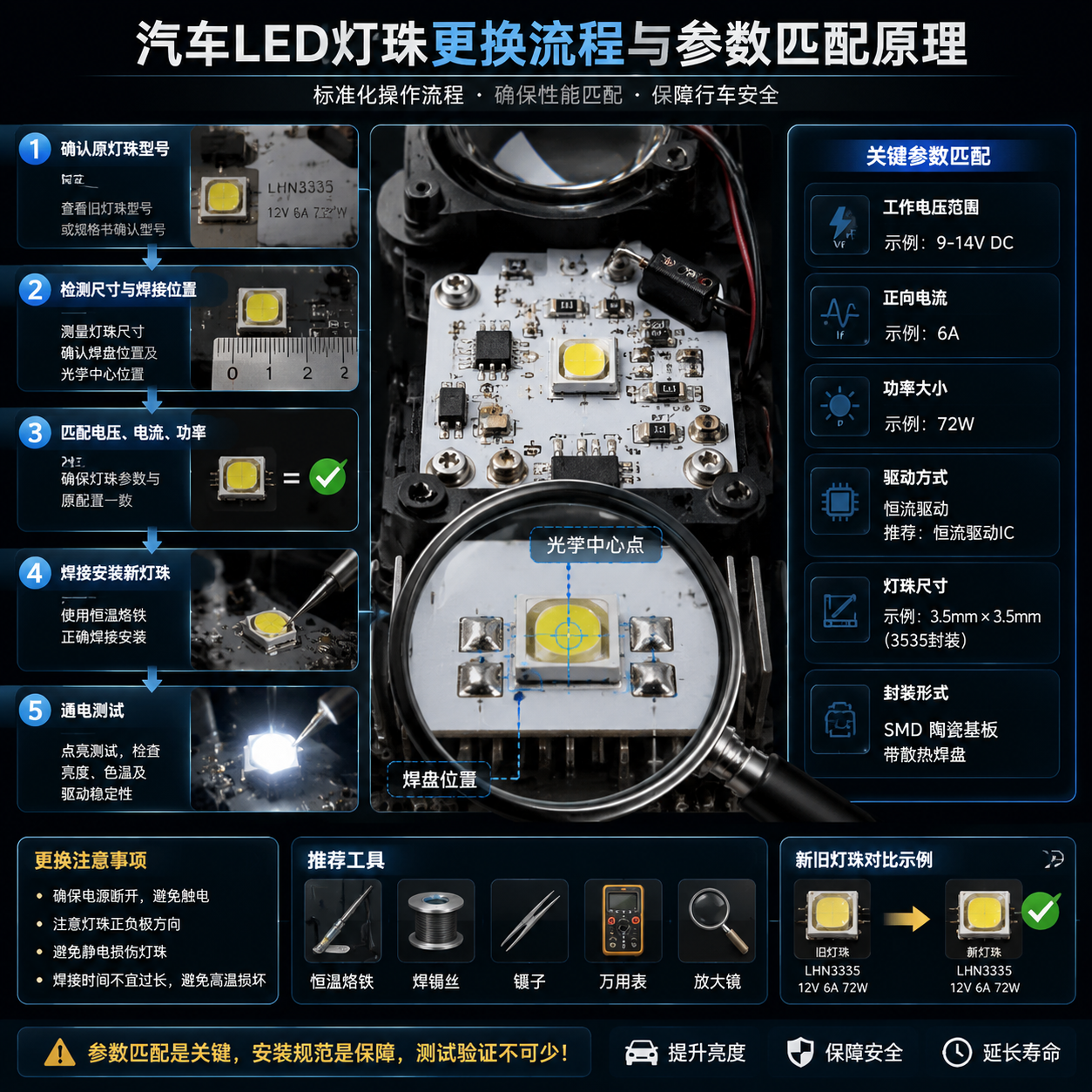 LED灯珠更换全流程与参数匹配技术信息图